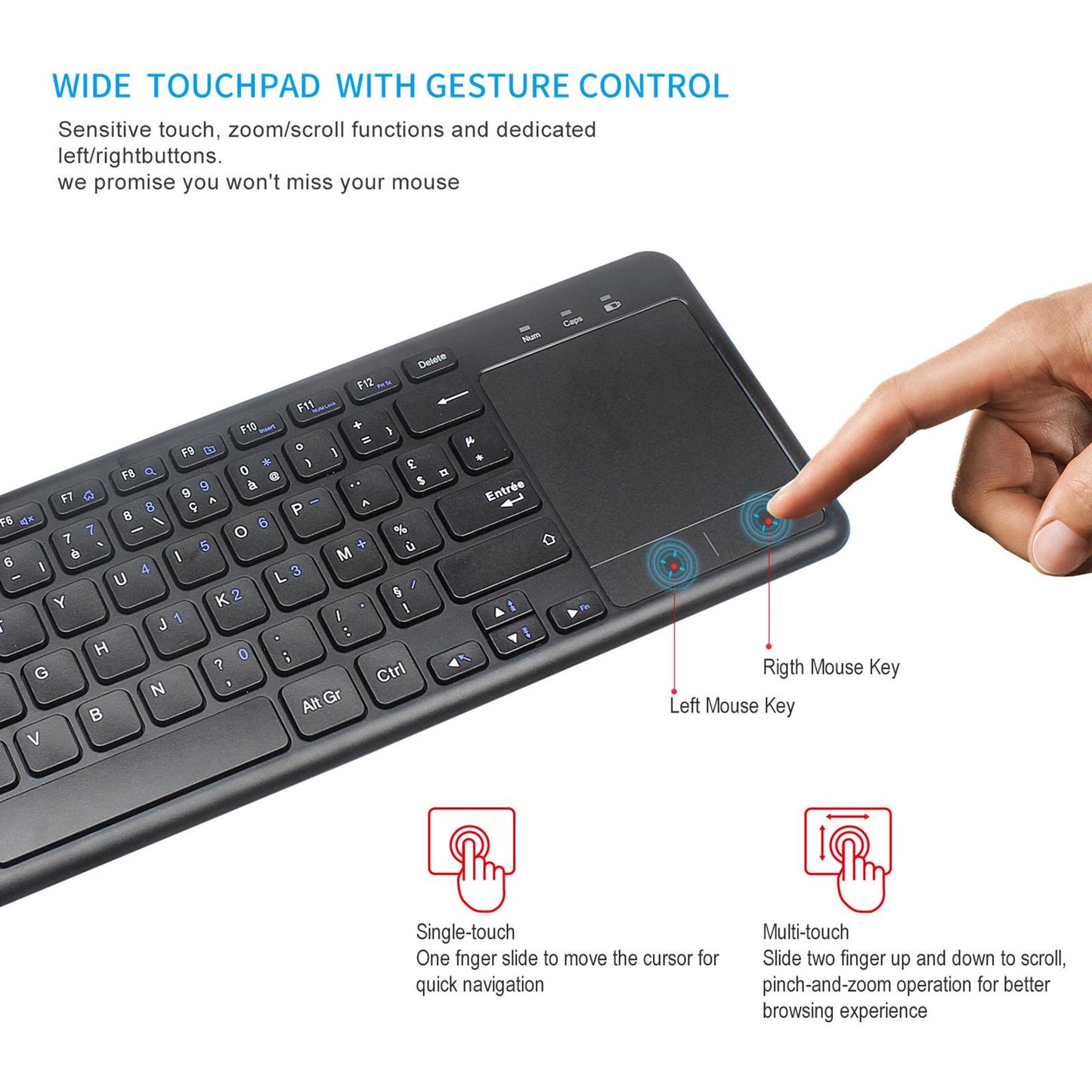 2.4G Wireless Keyboard with Multi Gesture Touchpad Cordless for Smart TV PC