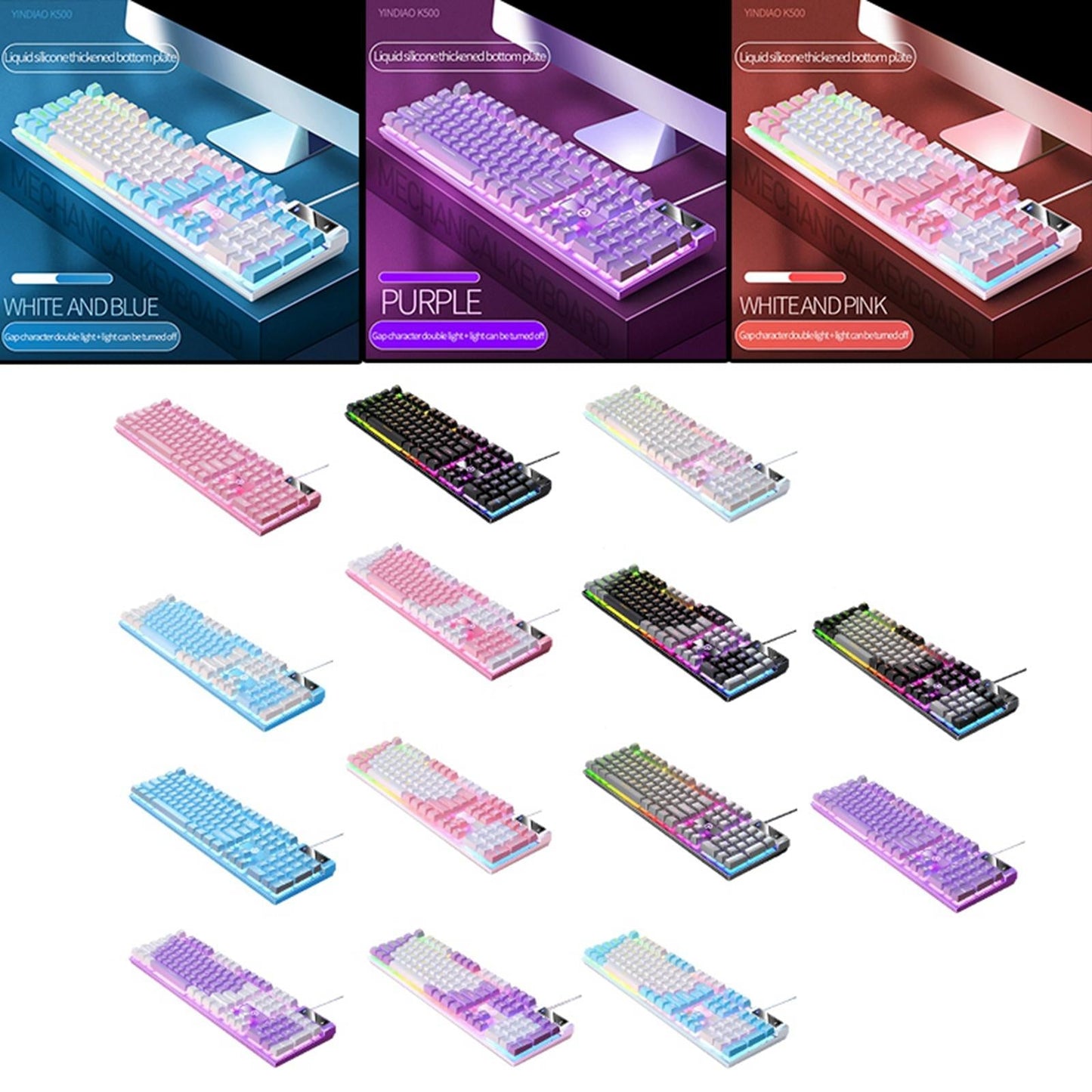 Mechanical Gaming Keyboard USB RGB Backlit for PC Game Office White Pink