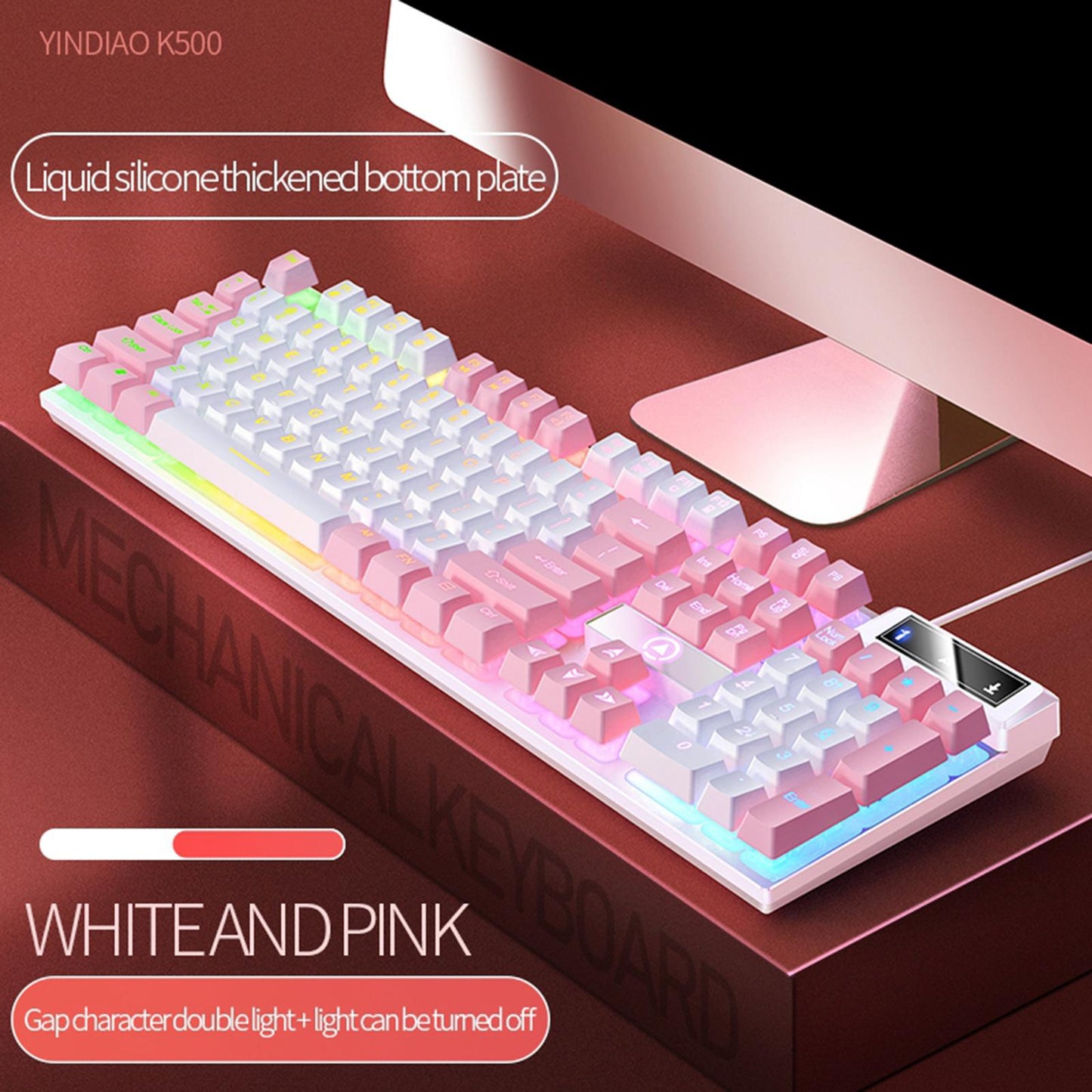 Mechanical Gaming Keyboard USB RGB Backlit for PC Game Office White Pink