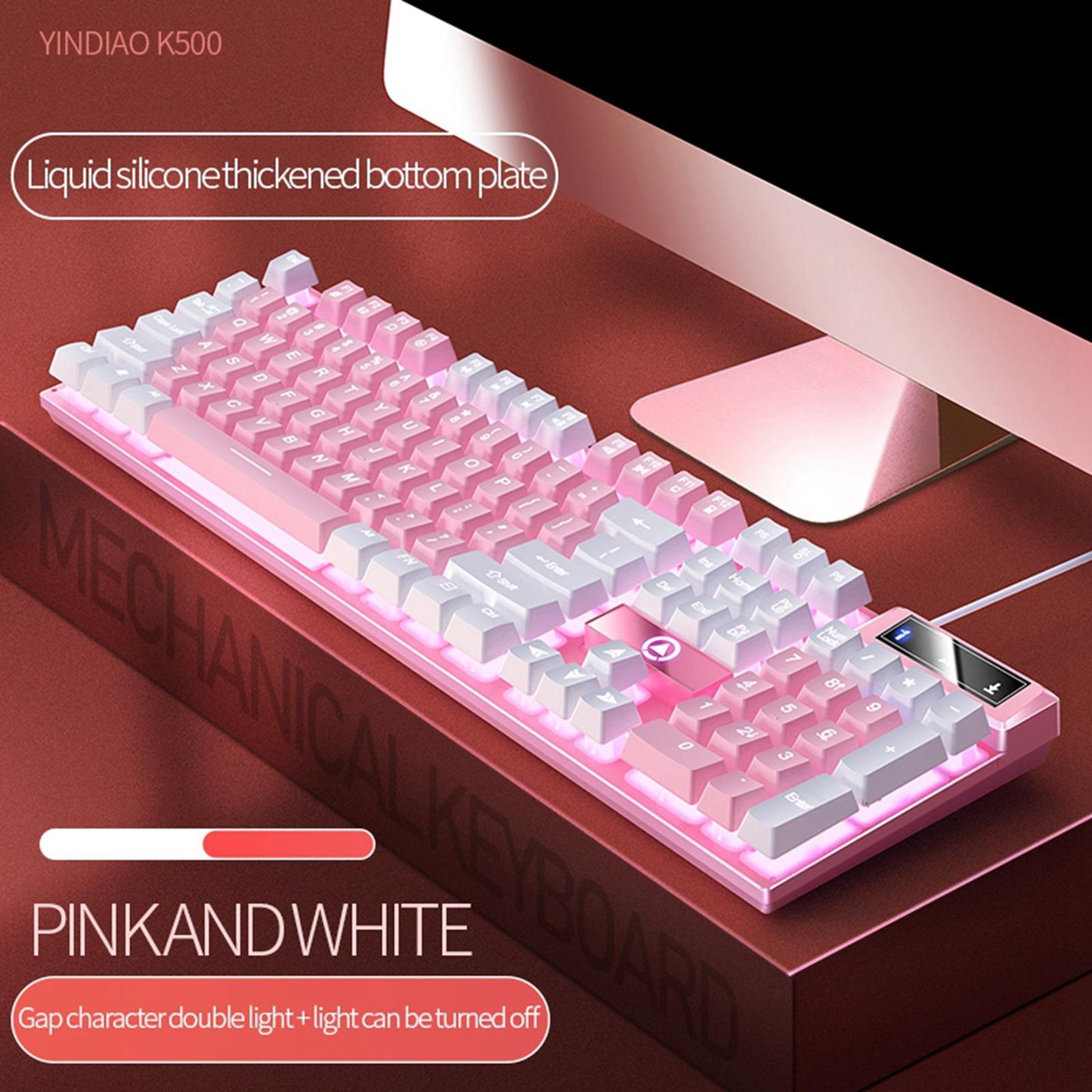 Mechanical Gaming Keyboard USB LED Lighting for Game Office Pink White