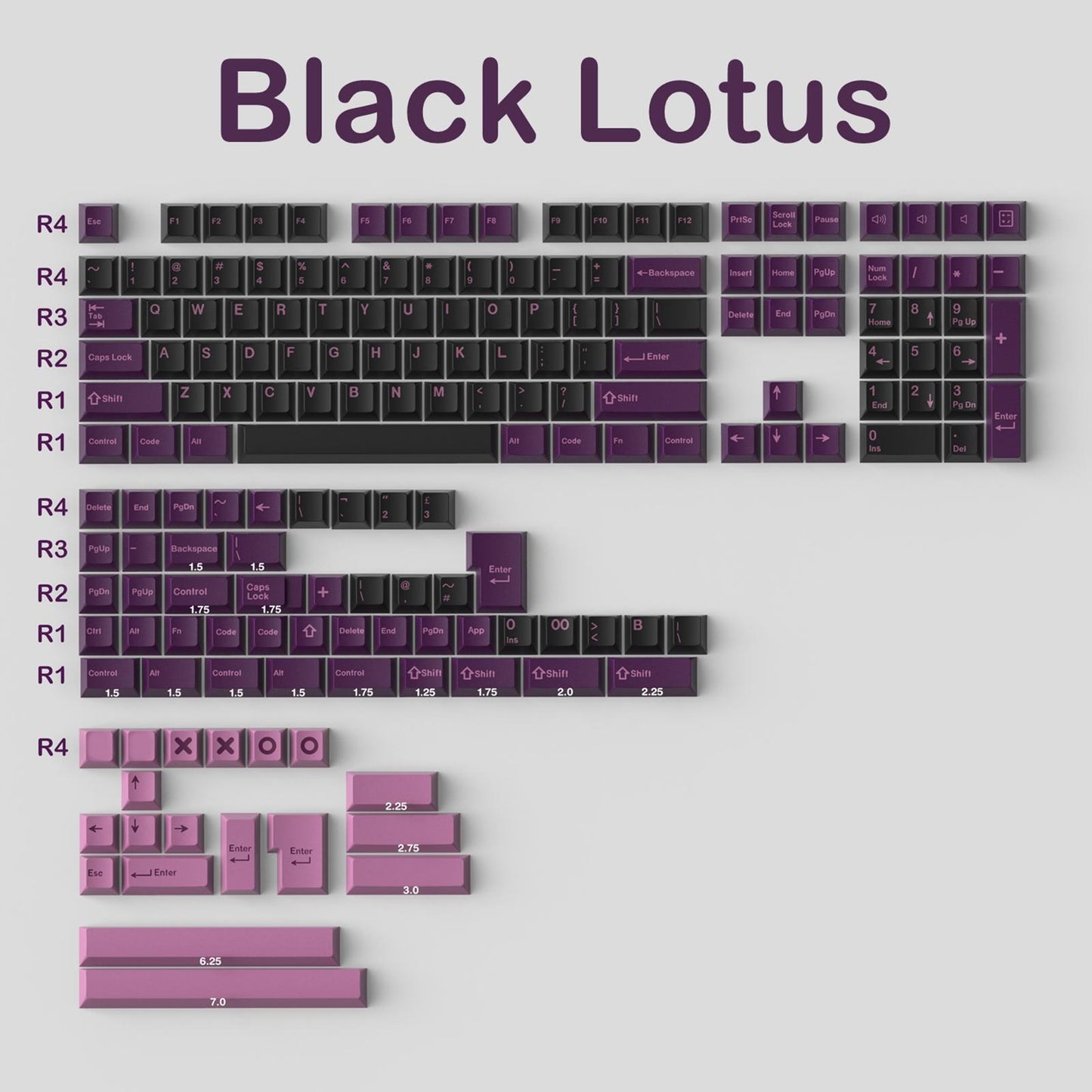 173 Keys Key Caps Keycaps 1.75U 2U for MX Switch Cherry Profile Black Lotus