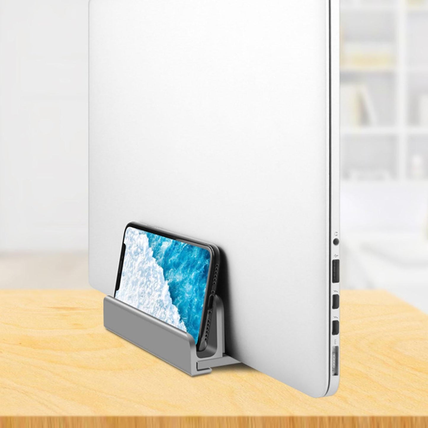 Universal Vertical Laptop Stand Adjustable for Notebooks Organize Desktop Gray