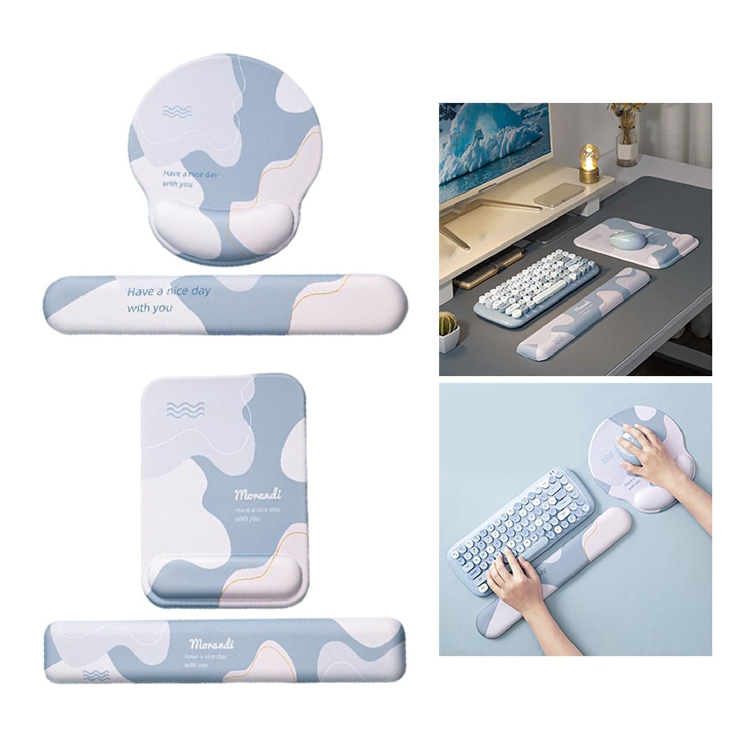 Memory Foam Keyboard and Mouse Wrist Rest Pads Set w/Non Slip Base Round