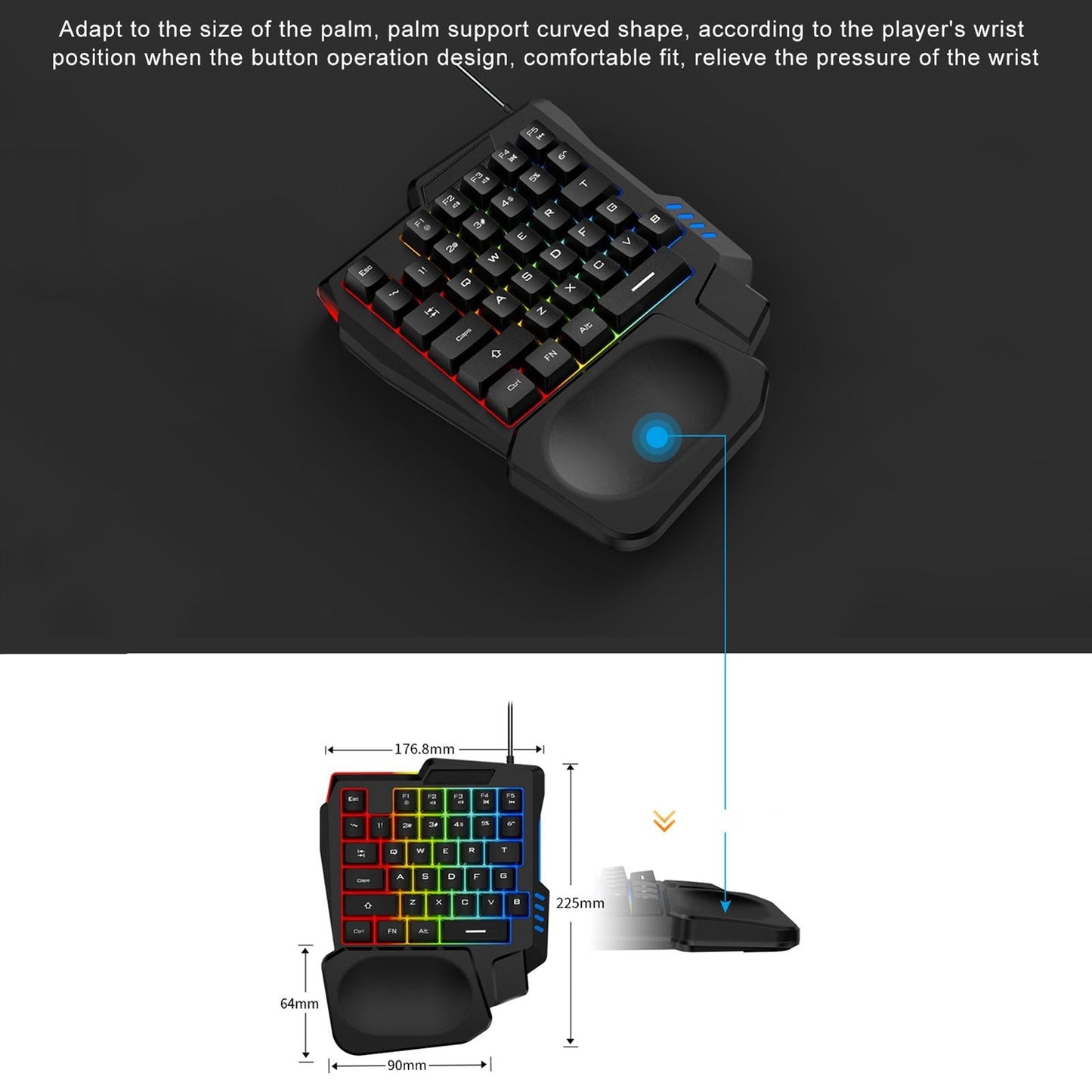 Gaming Keypad Single Handed RGB 35 Keys Small with Wrist Rest for Tablet