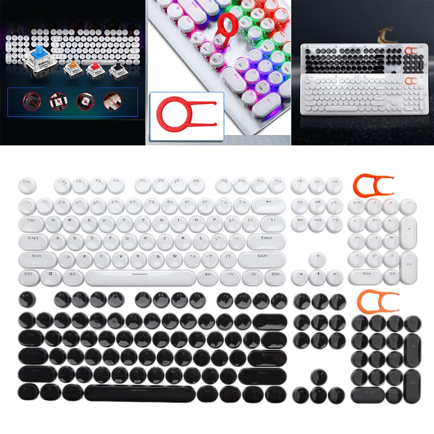 104Pcs Typewriter Keycaps Backlit Round Retro Style for Computer White