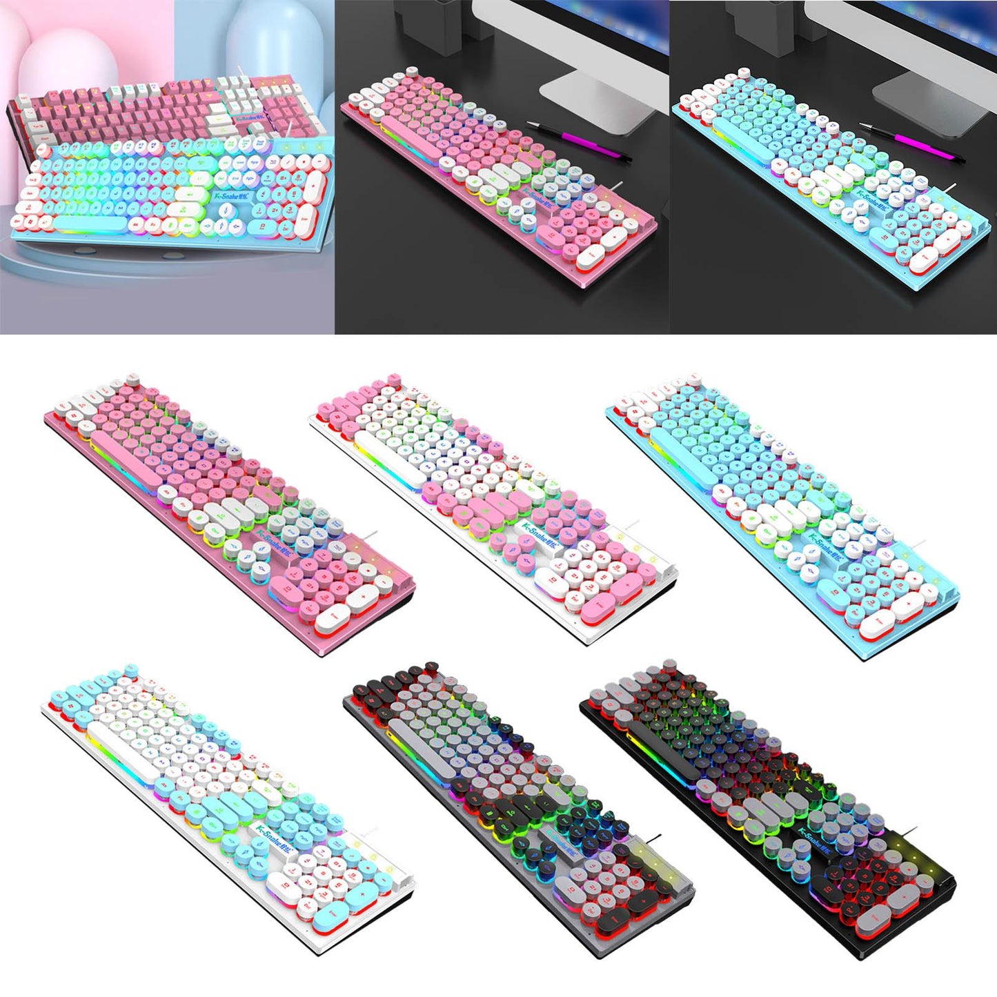 Gaming Keyboard 104 Keys Wired USB RGB LED Backlit for Computer Pink White