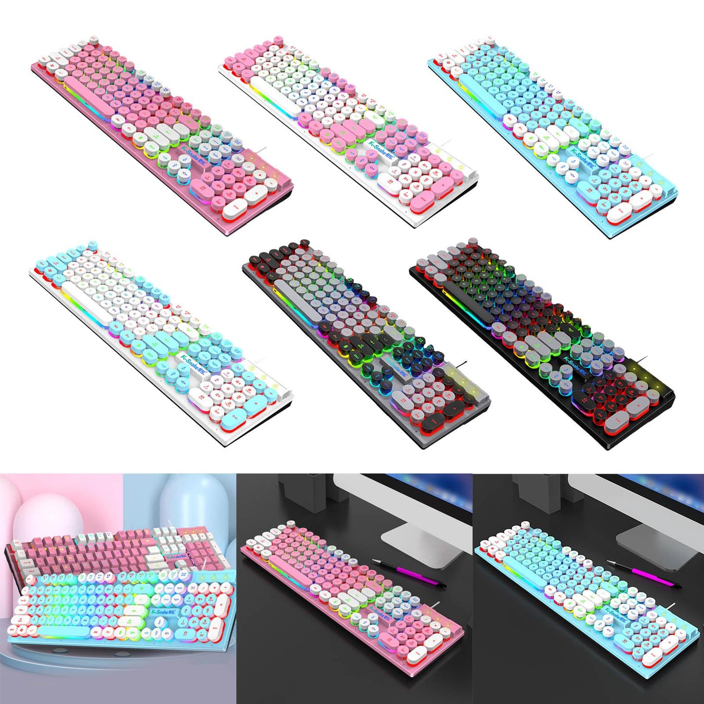 Gaming Keyboard 104 Keys Wired USB RGB LED Backlit for Computer Pink White