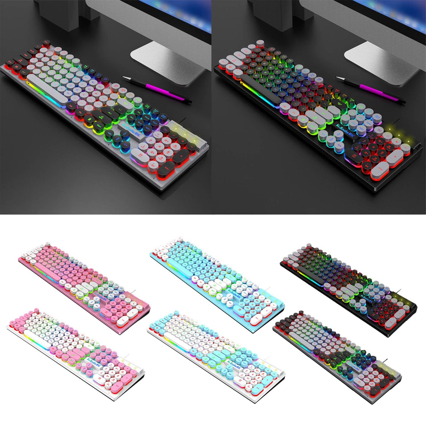 Gaming Keyboard 104 Keys Wired USB RGB LED Backlit for Computer Pink White
