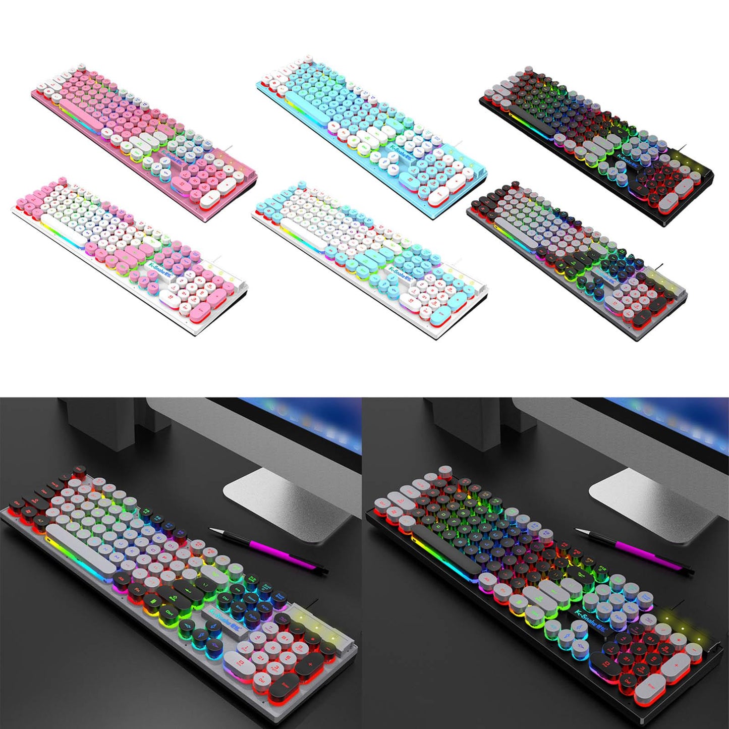 Gaming Keyboard 104 Keys Wired USB RGB LED Backlit for Computer Pink White