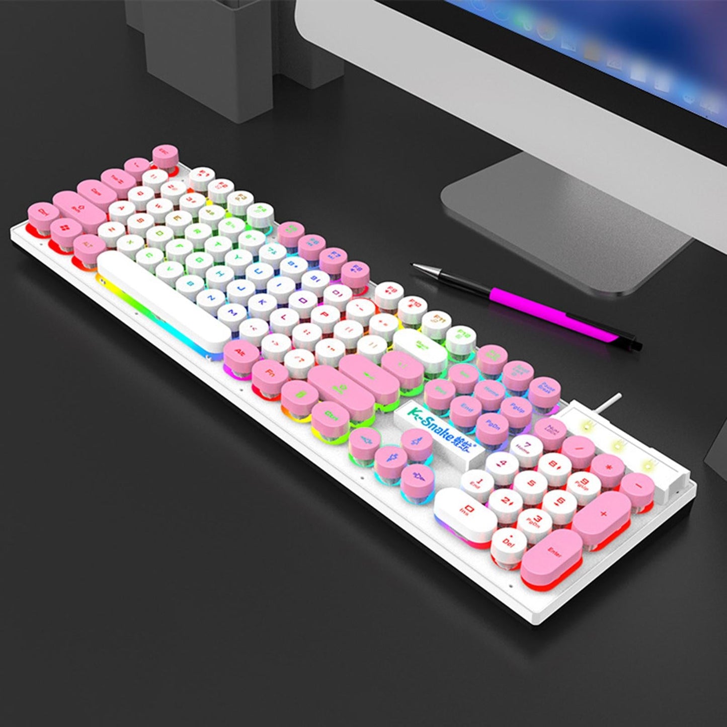 Gaming Keyboard 104 Keys Wired USB RGB LED Backlit for Computer White Pink