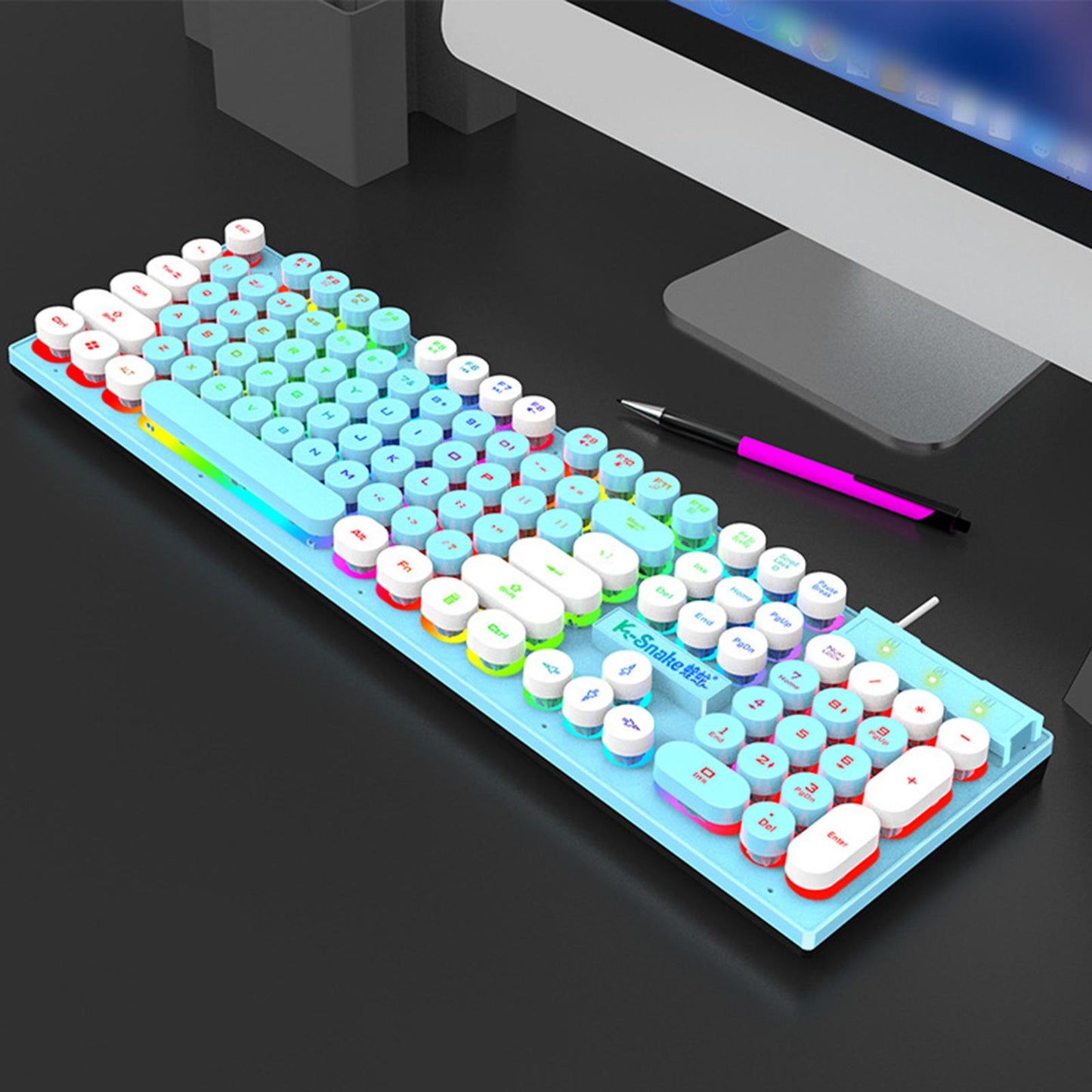 Gaming Keyboard 104 Keys Wired USB RGB LED Backlit for Computer Blue White