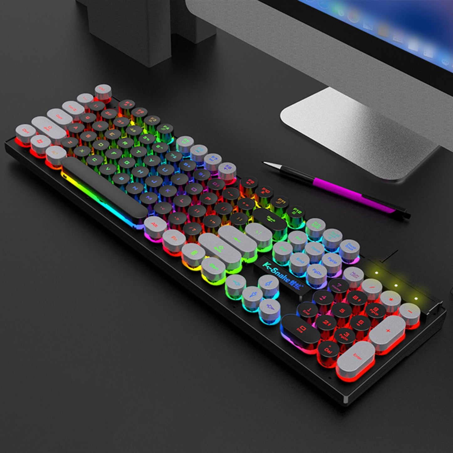 Gaming Keyboard 104 Keys Wired USB RGB LED Backlit for Computer Black Grey