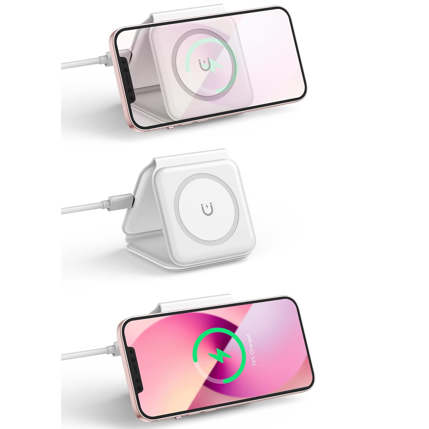 3 in 1 Wireless Charger with Night Light Portable with USB Cable for Office White