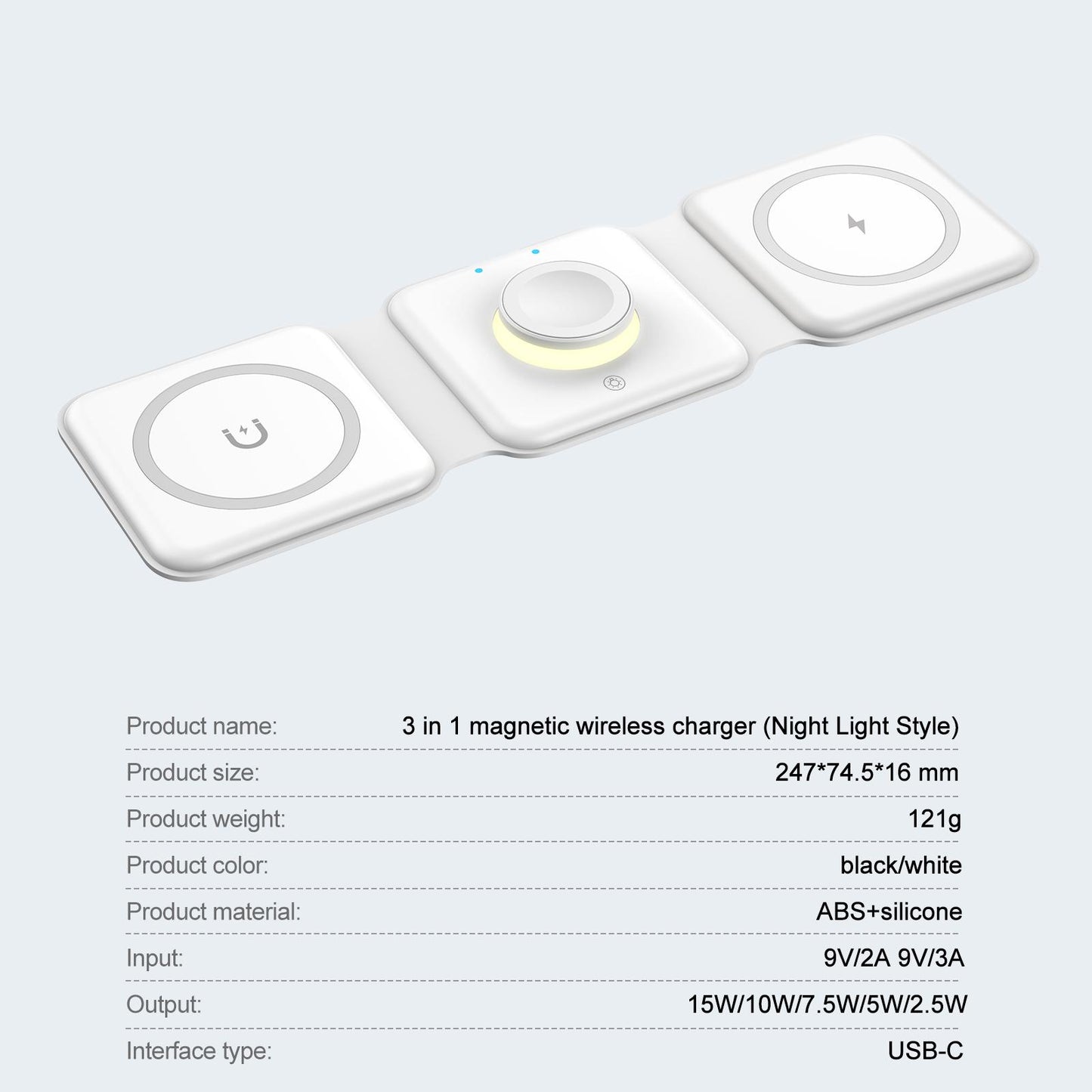 3 in 1 Wireless Charger with Night Light Portable with USB Cable for Office White