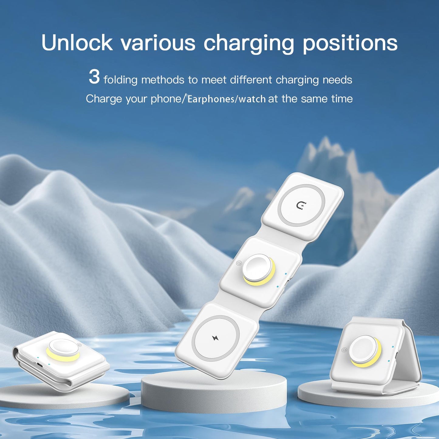 3 in 1 Wireless Charger with Night Light Portable with USB Cable for Office White