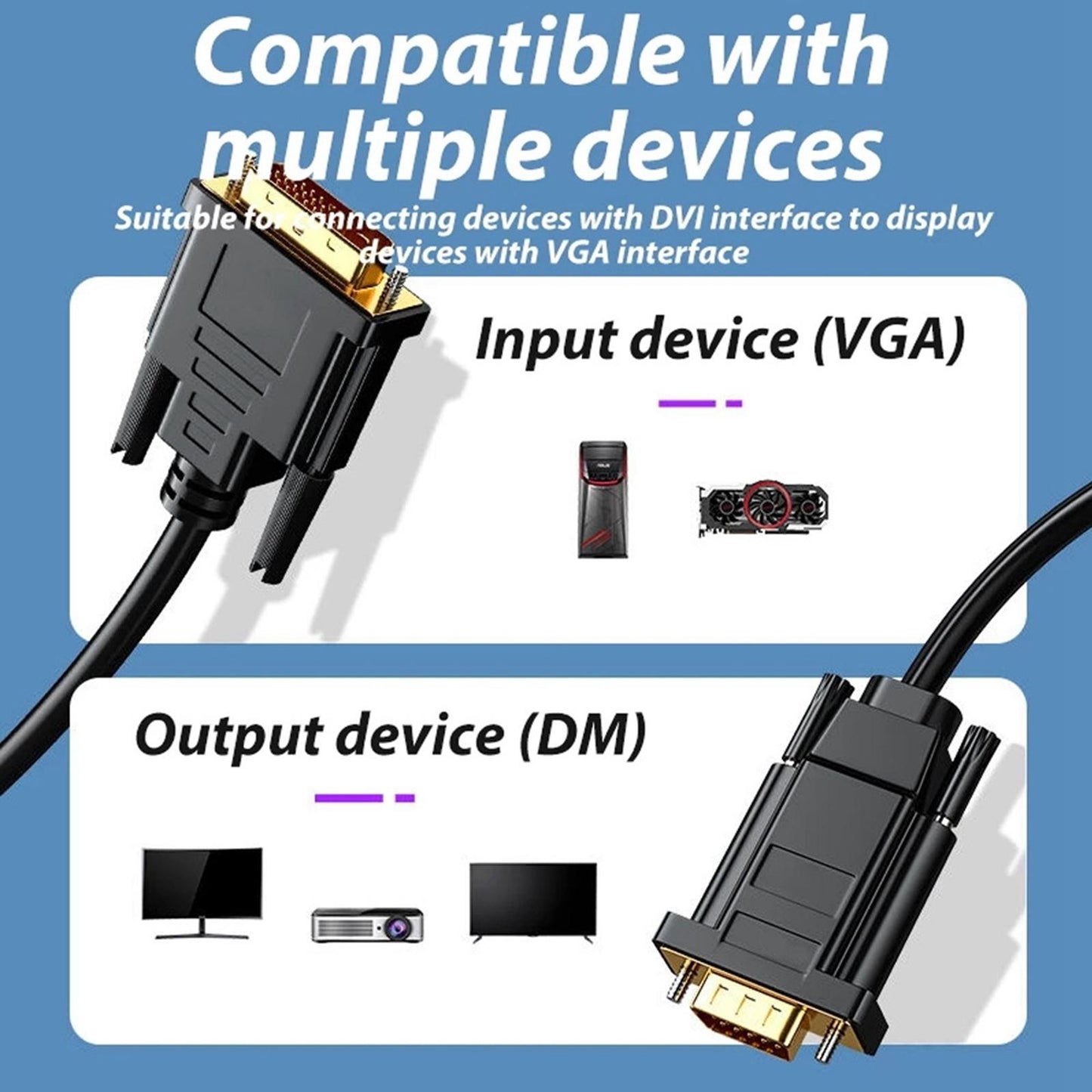 DVI to VGA Cable 1080P @60Hz Gold Plated for Video PC DVD Monitor Desktop 5 meters