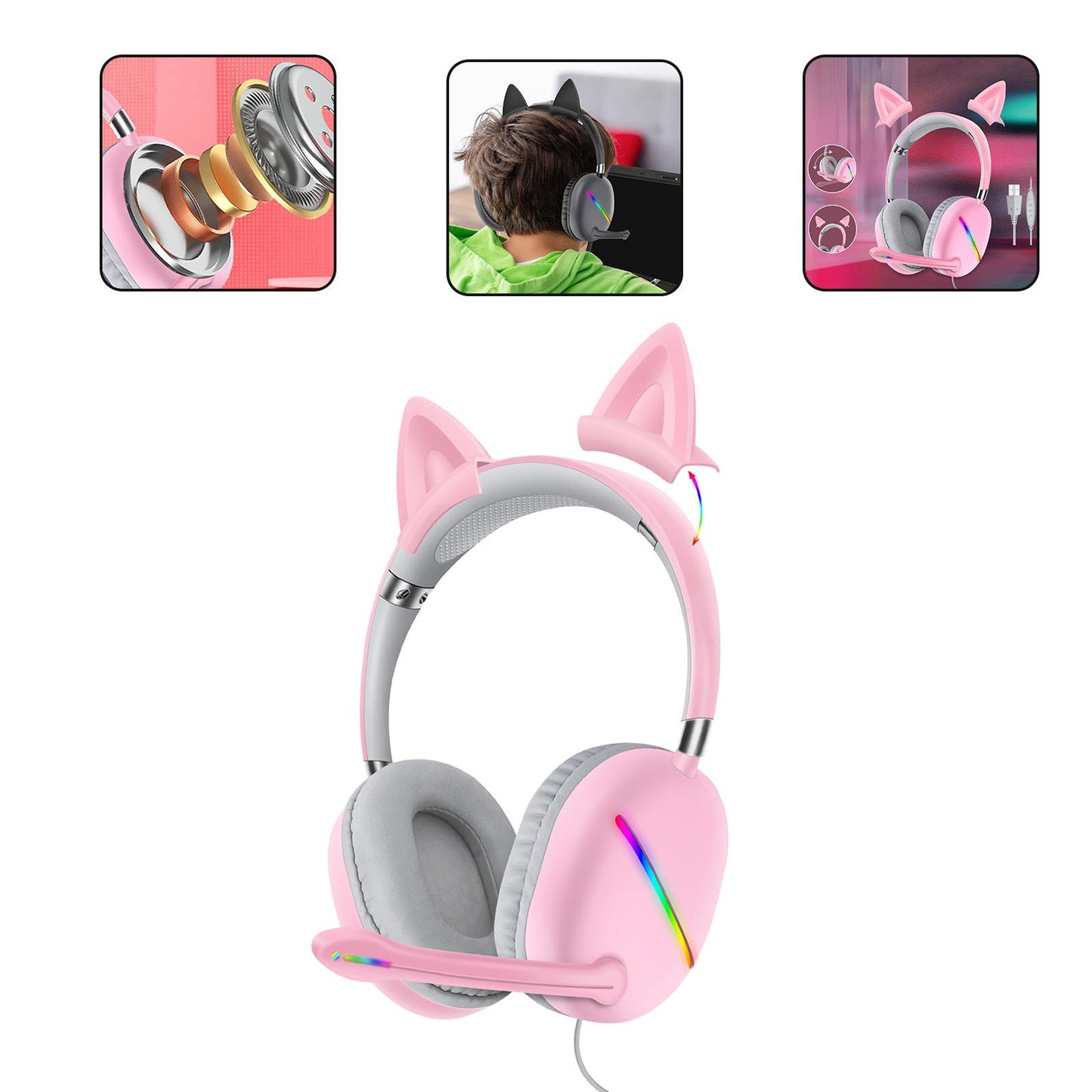 Ears of Cat Headphones Wired Gaming Headset with RGB Lights HiFi 3.5mm Pink