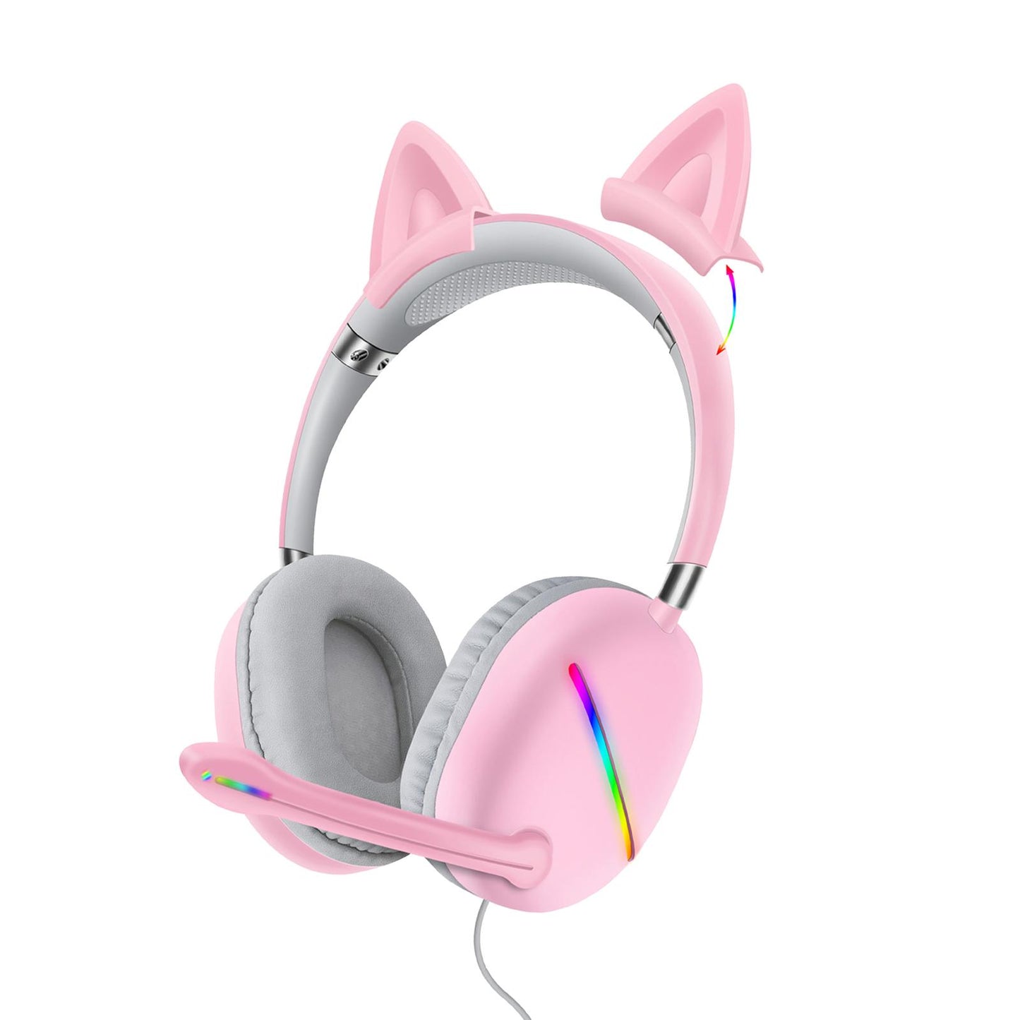 Ears of Cat Headphones Wired Gaming Headset with RGB Lights HiFi 3.5mm Pink