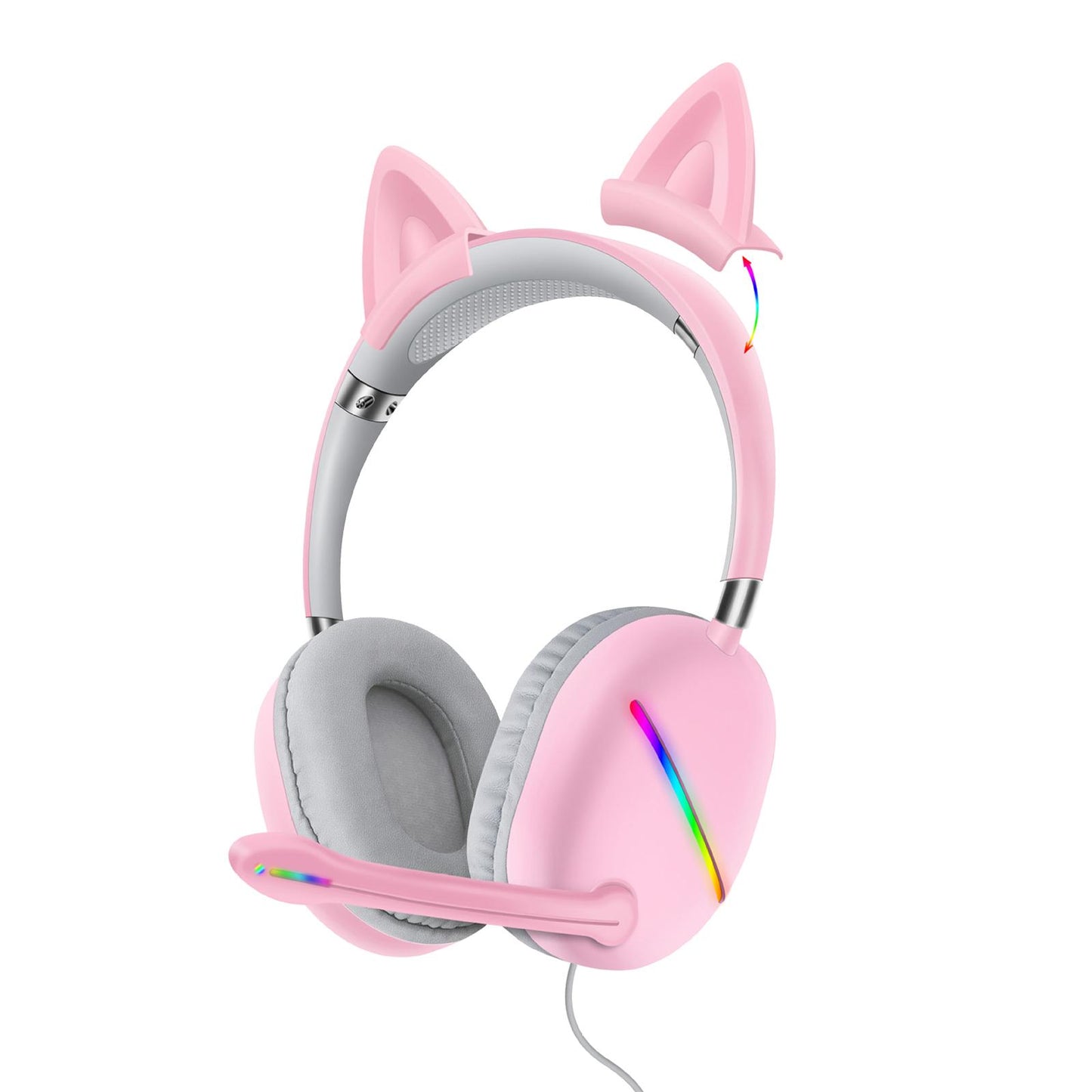 Ears of Cat Headphones Wired Gaming Headset with RGB Lights HiFi 3.5mm Pink