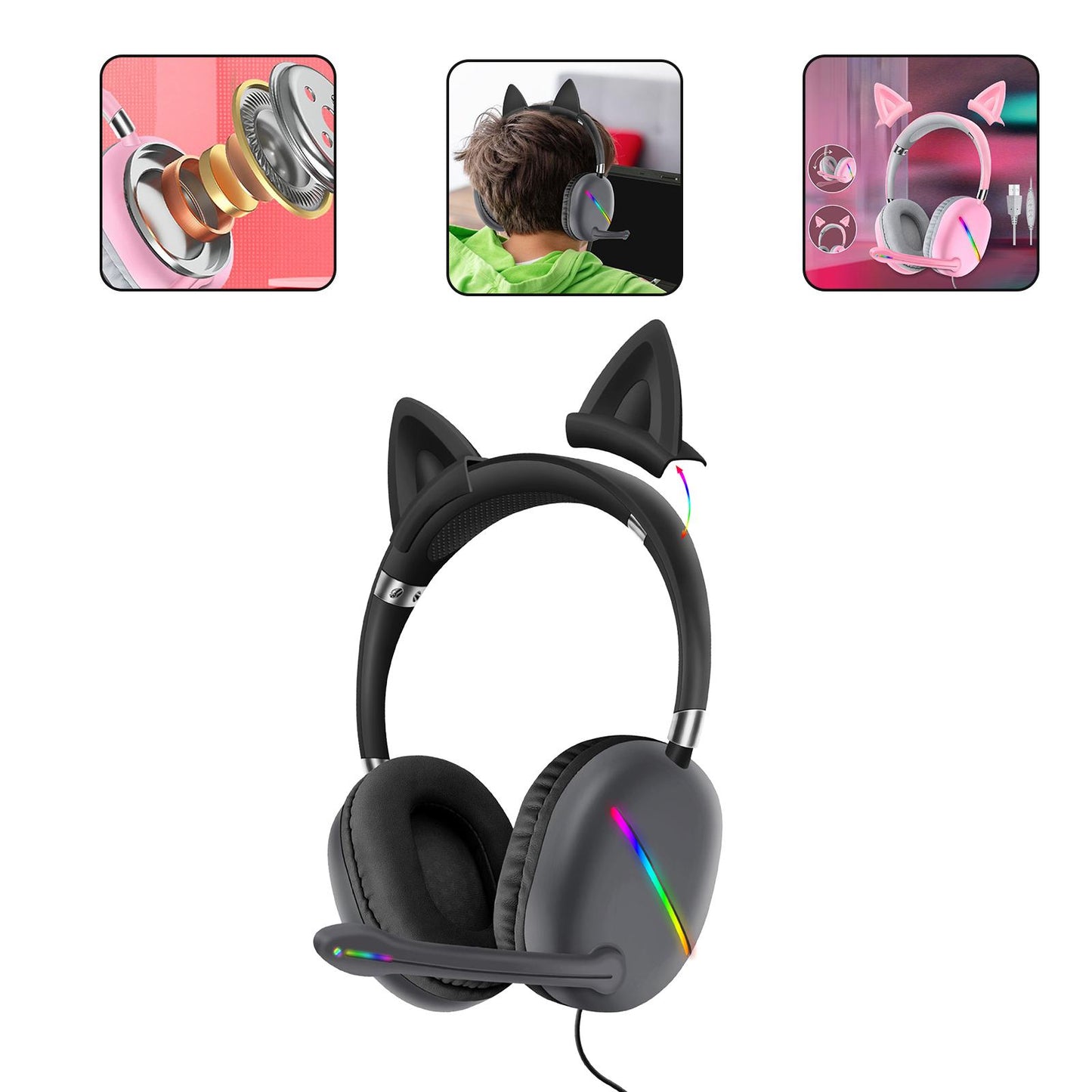 Ears of Cat Headphones Wired Gaming Headset with RGB Lights HiFi 3.5mm Black