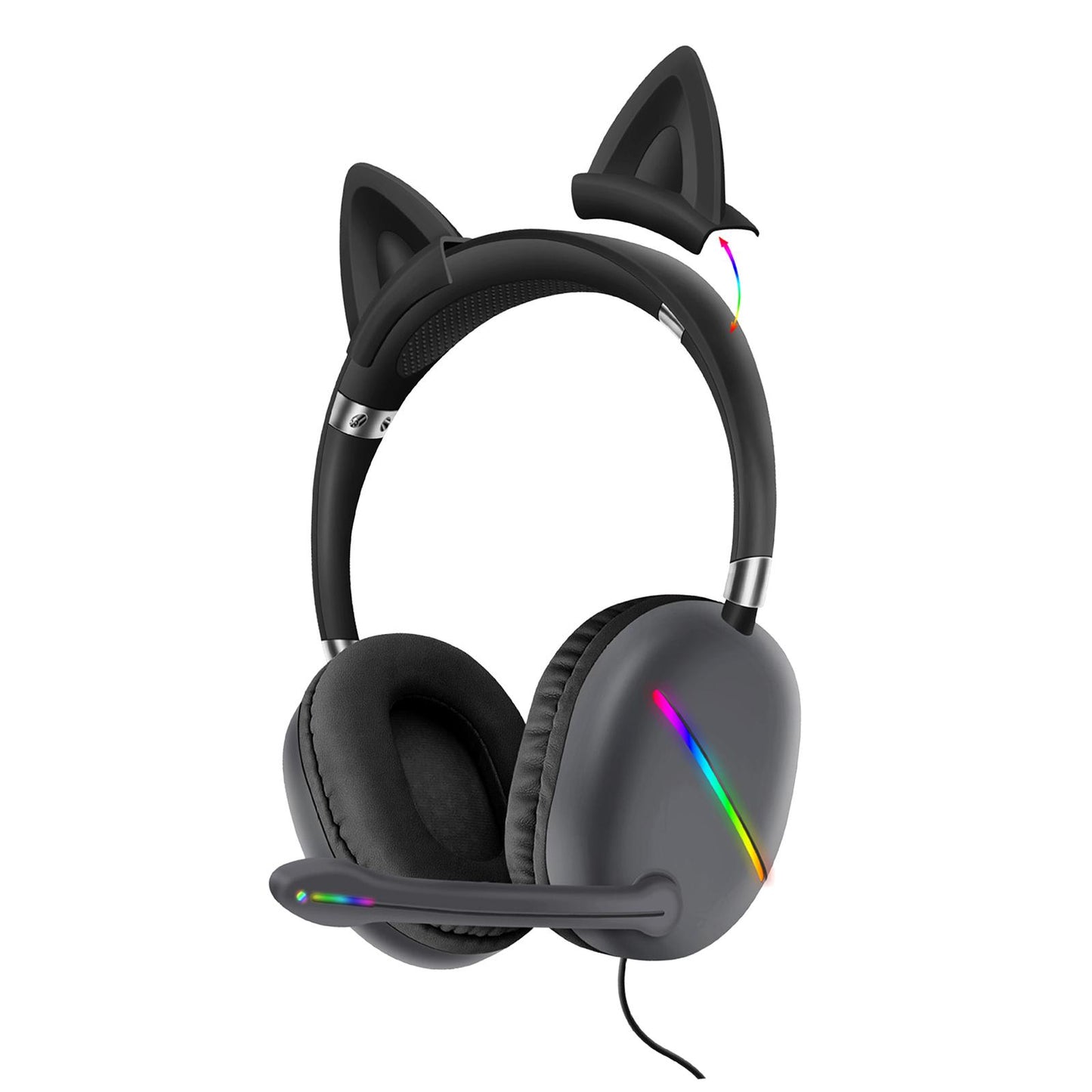 Ears of Cat Headphones Wired Gaming Headset with RGB Lights HiFi 3.5mm Black