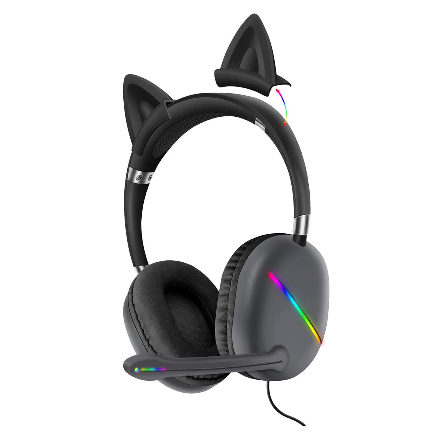 Ears of Cat Headphones Wired Gaming Headset with RGB Lights HiFi 3.5mm Black