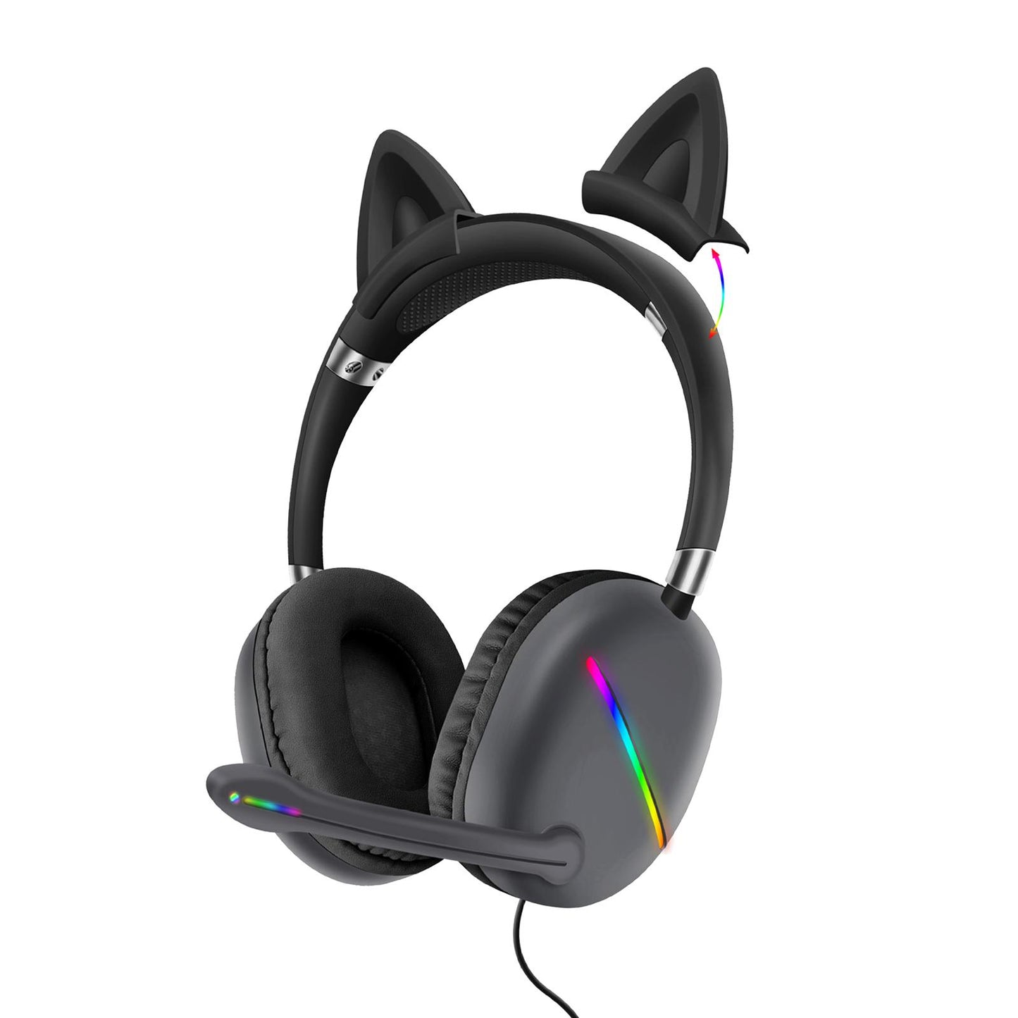 Ears of Cat Headphones Wired Gaming Headset with RGB Lights HiFi 3.5mm Black