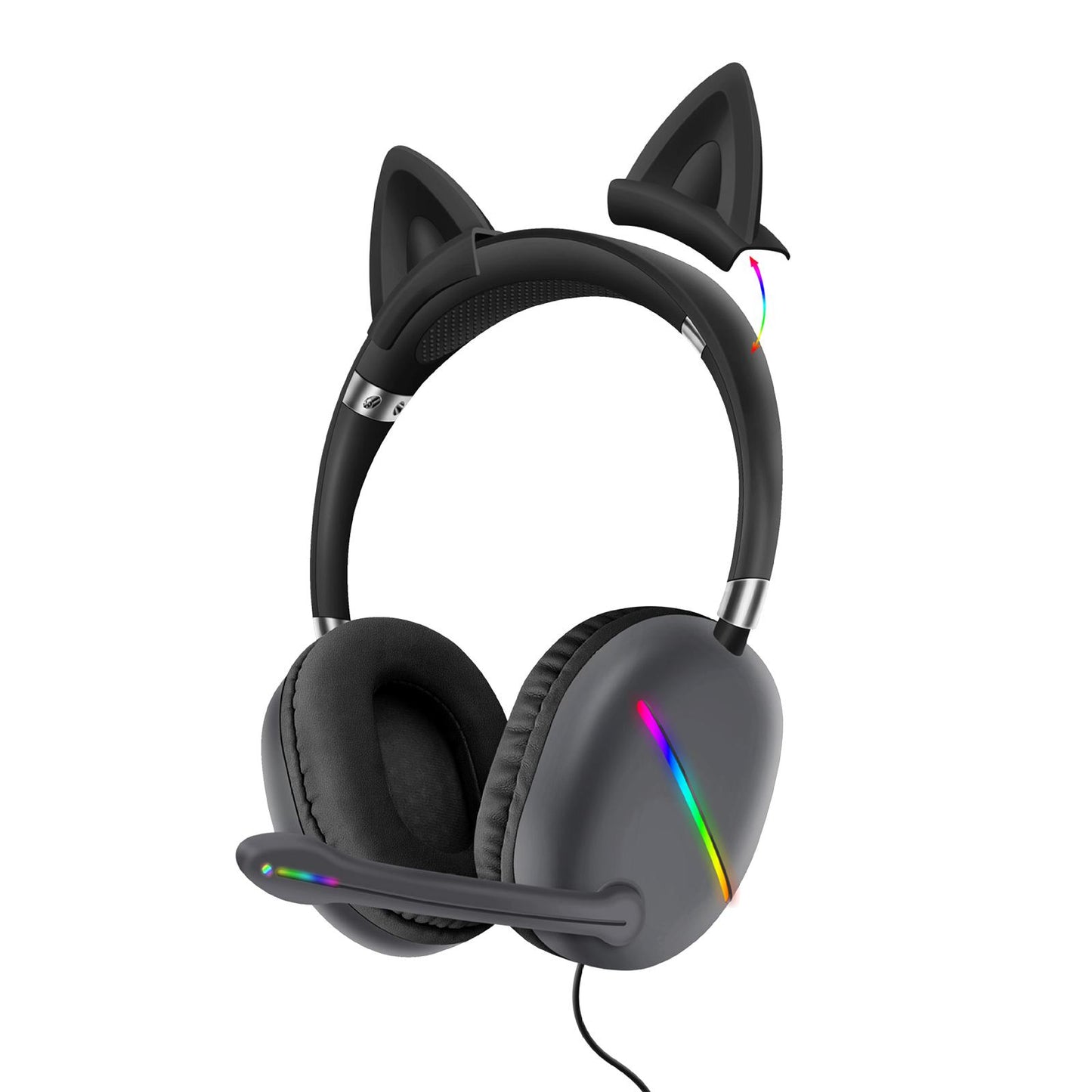 Ears of Cat Headphones Wired Gaming Headset with RGB Lights HiFi 3.5mm Black