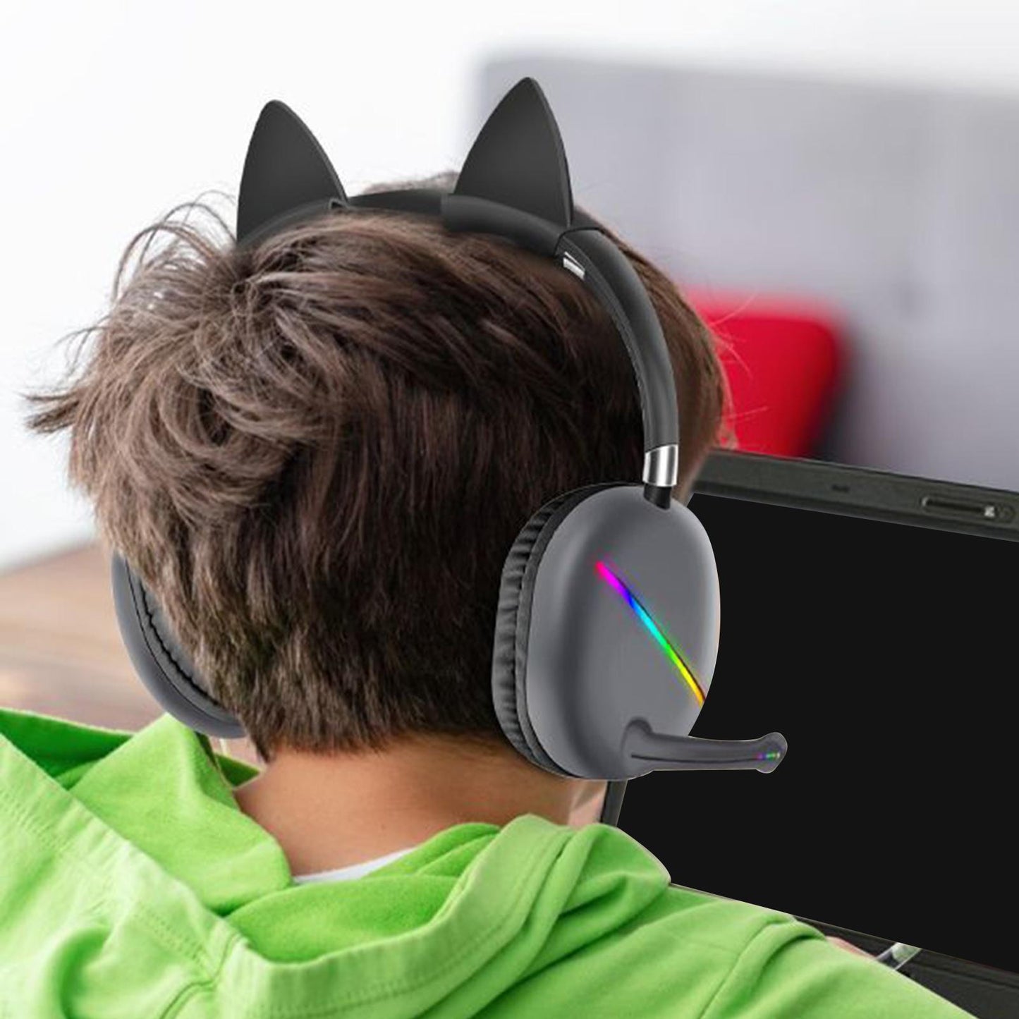 Ears of Cat Headphones Wired Gaming Headset with RGB Lights HiFi 3.5mm Black