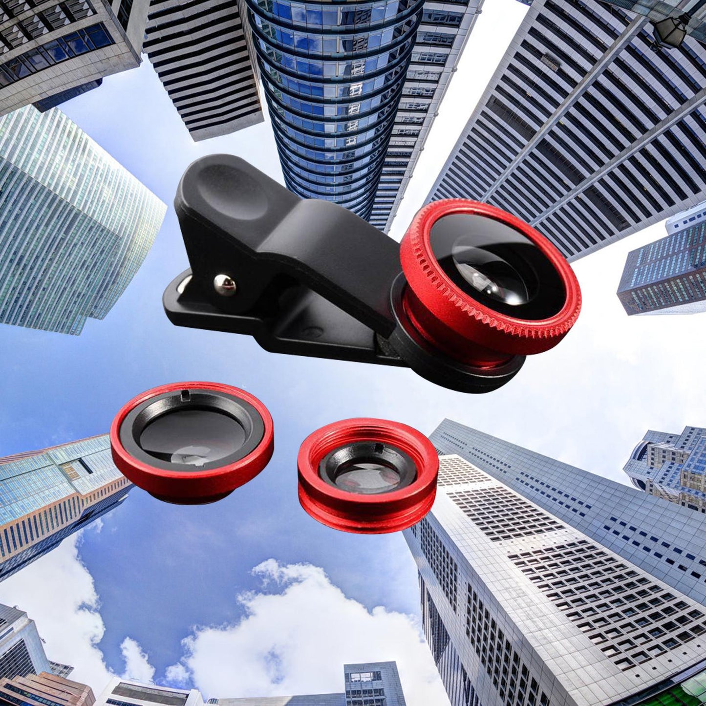 Universal Phone Lens Three Lens Phone Camera Lens Kits for Photo Cameras Red