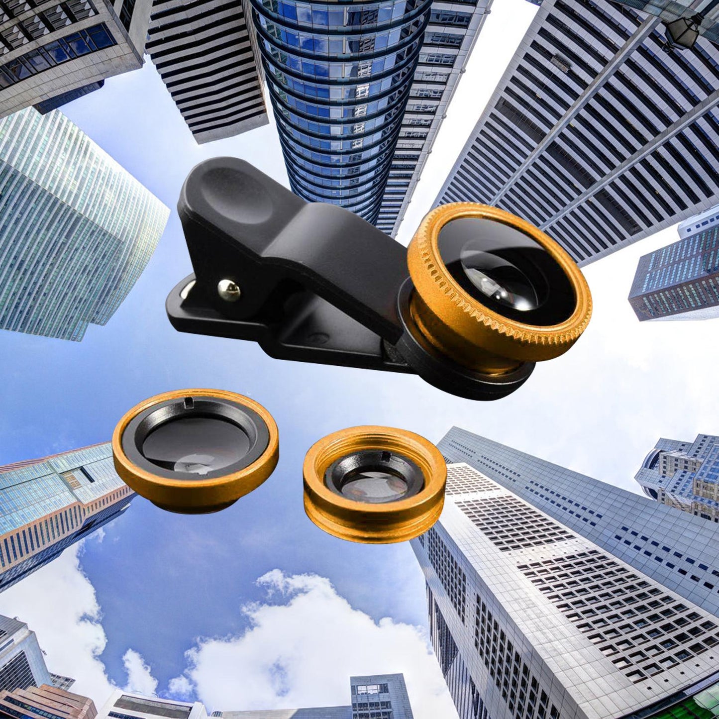 Universal Phone Lens Three Lens Phone Camera Lens Kits for Photo Cameras Gold