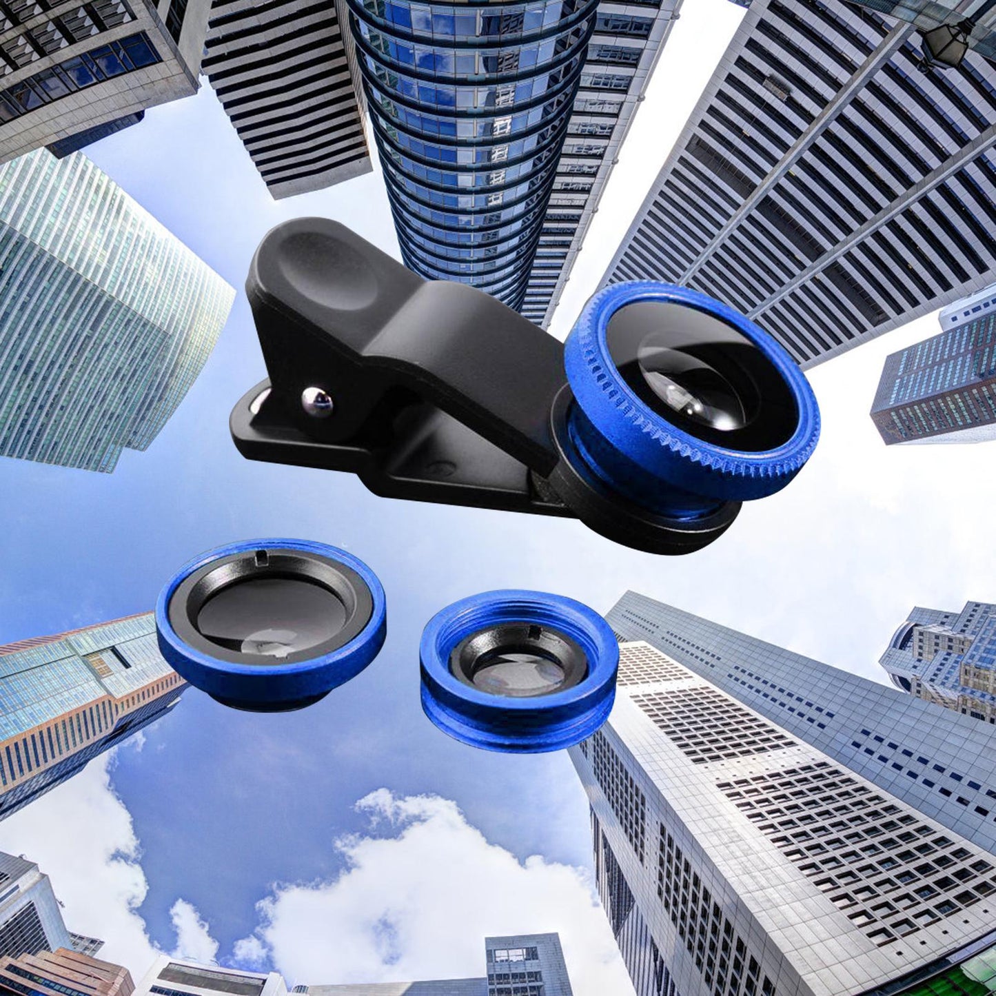 Universal Phone Lens Three Lens Phone Camera Lens Kits for Photo Cameras Blue