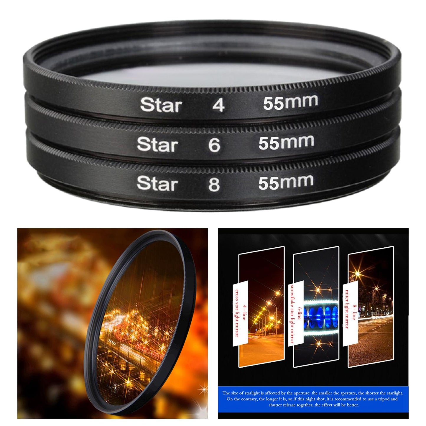 3Pcs Camera Lens filter with bag 4 6 8 Points Slim 55mm