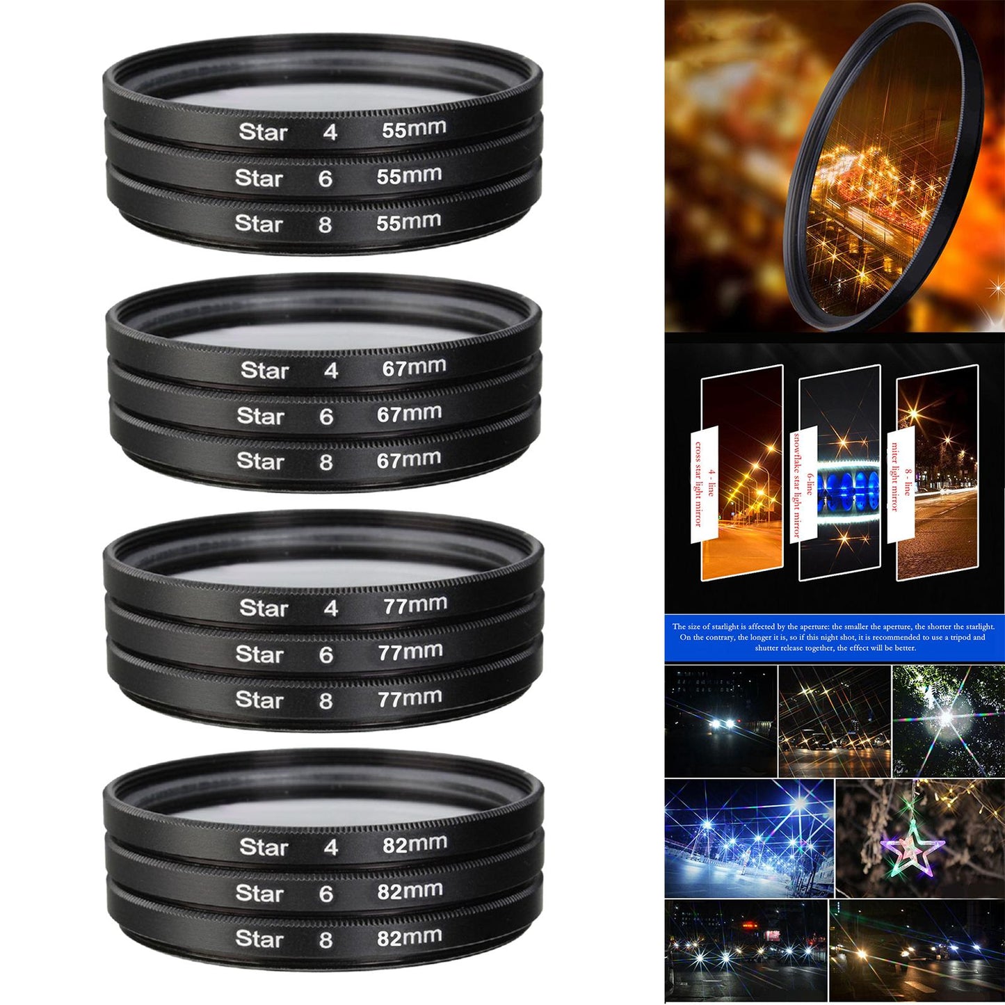 3Pcs Camera Lens filter with bag 4 6 8 Points Slim 55mm