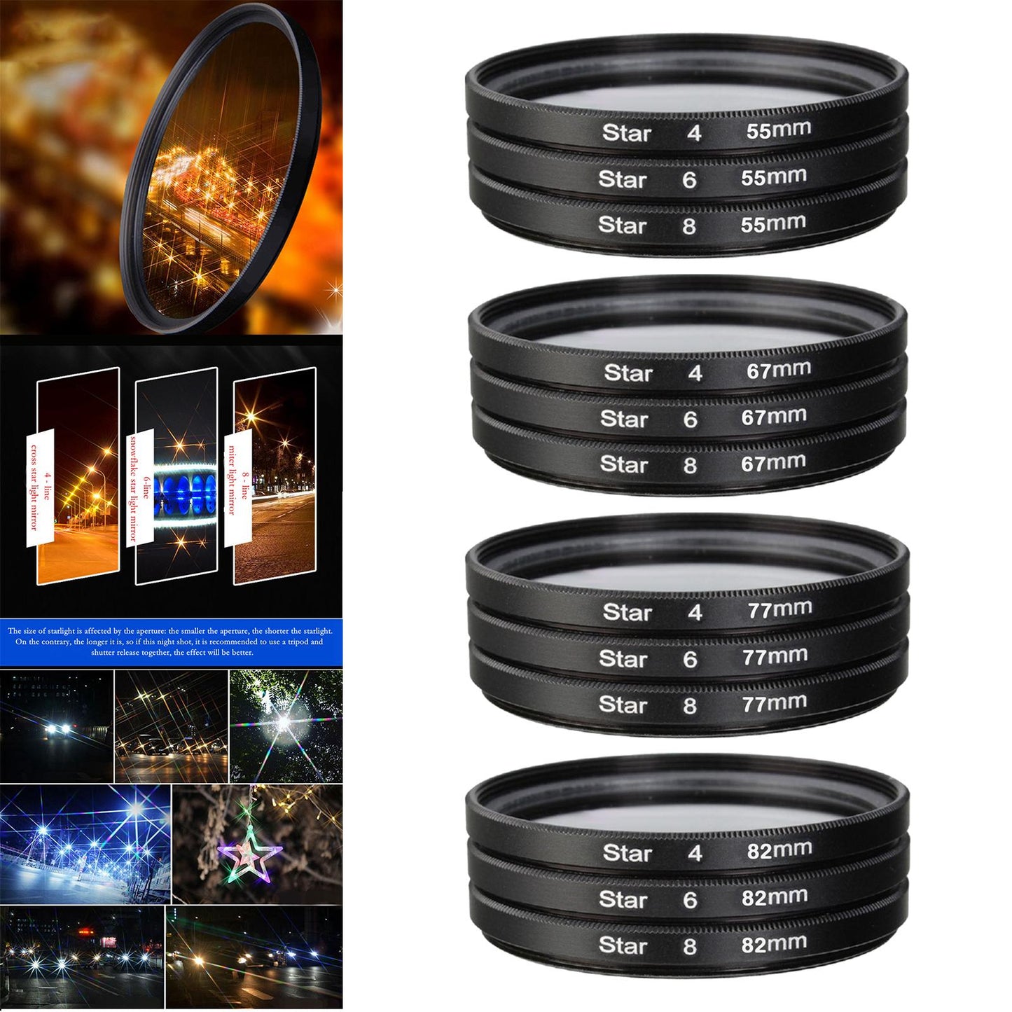 3Pcs Camera Lens filter with bag 4 6 8 Points Slim 55mm