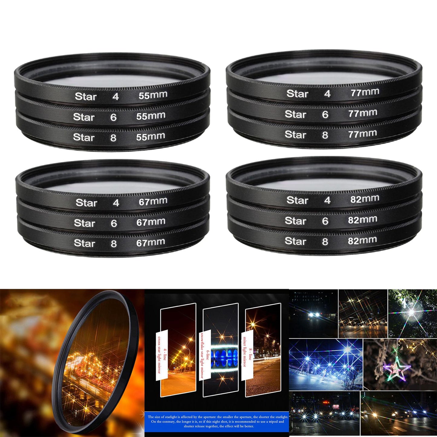 3Pcs Camera Lens filter with bag 4 6 8 Points Slim 55mm