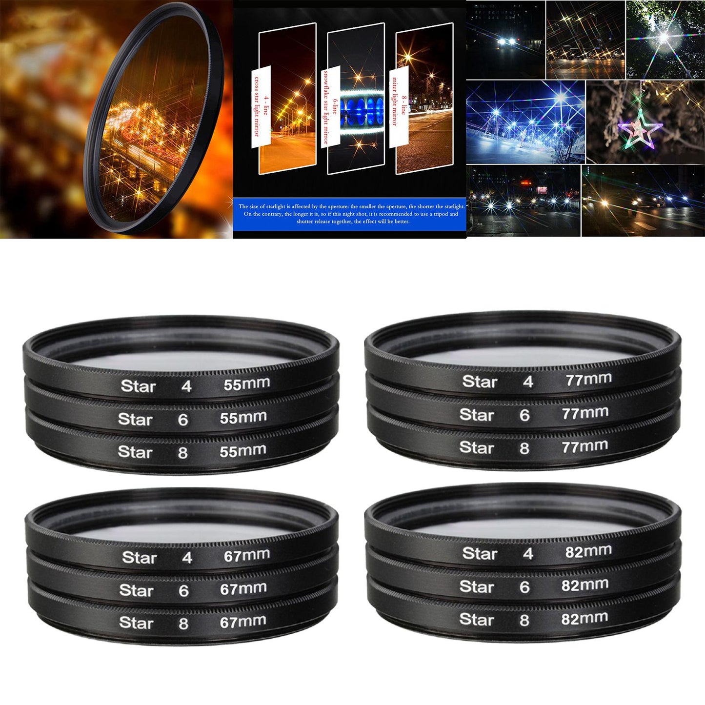 3Pcs Camera Lens filter with bag 4 6 8 Points Slim 55mm