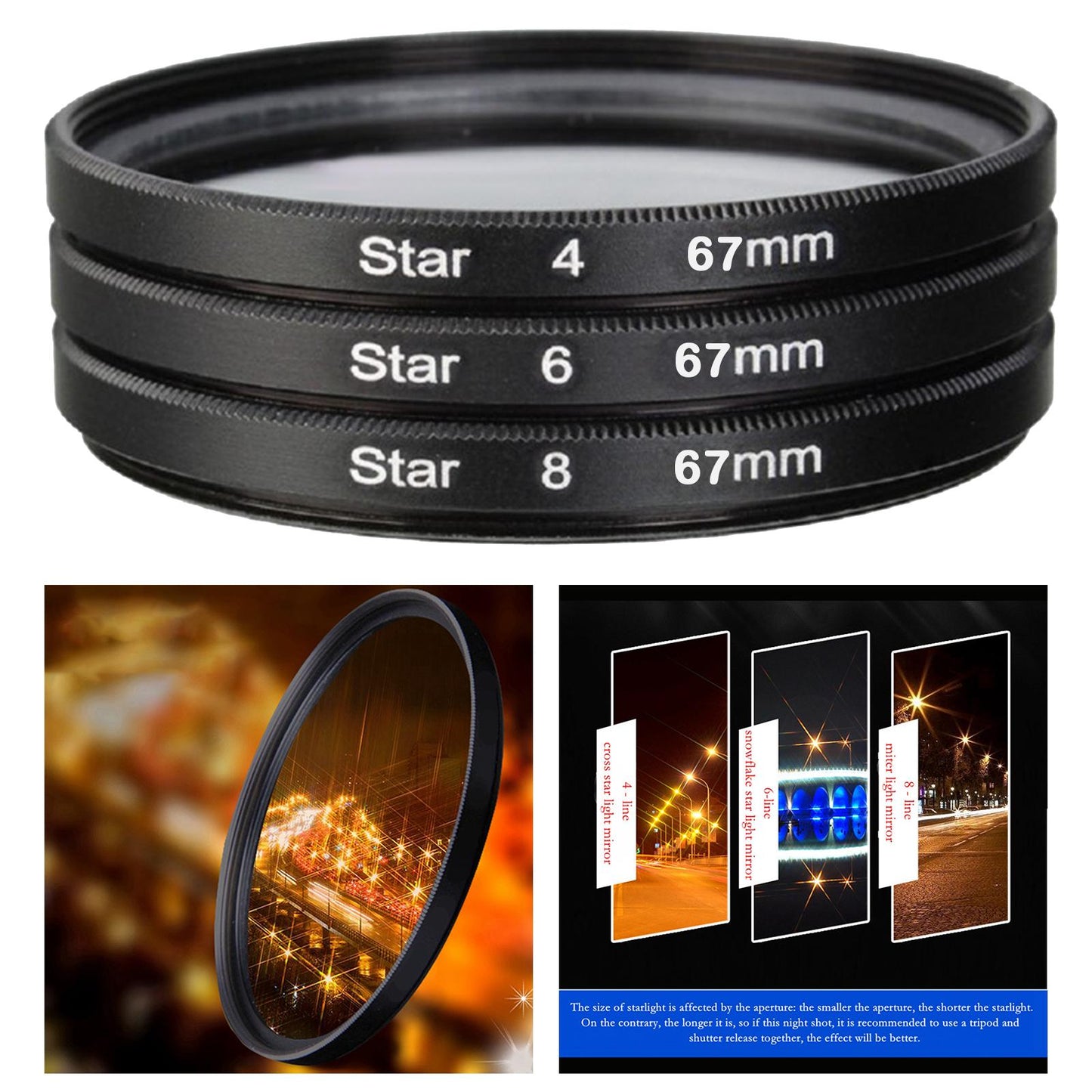 3Pcs Camera Lens filter with bag 4 6 8 Points Slim 67mm