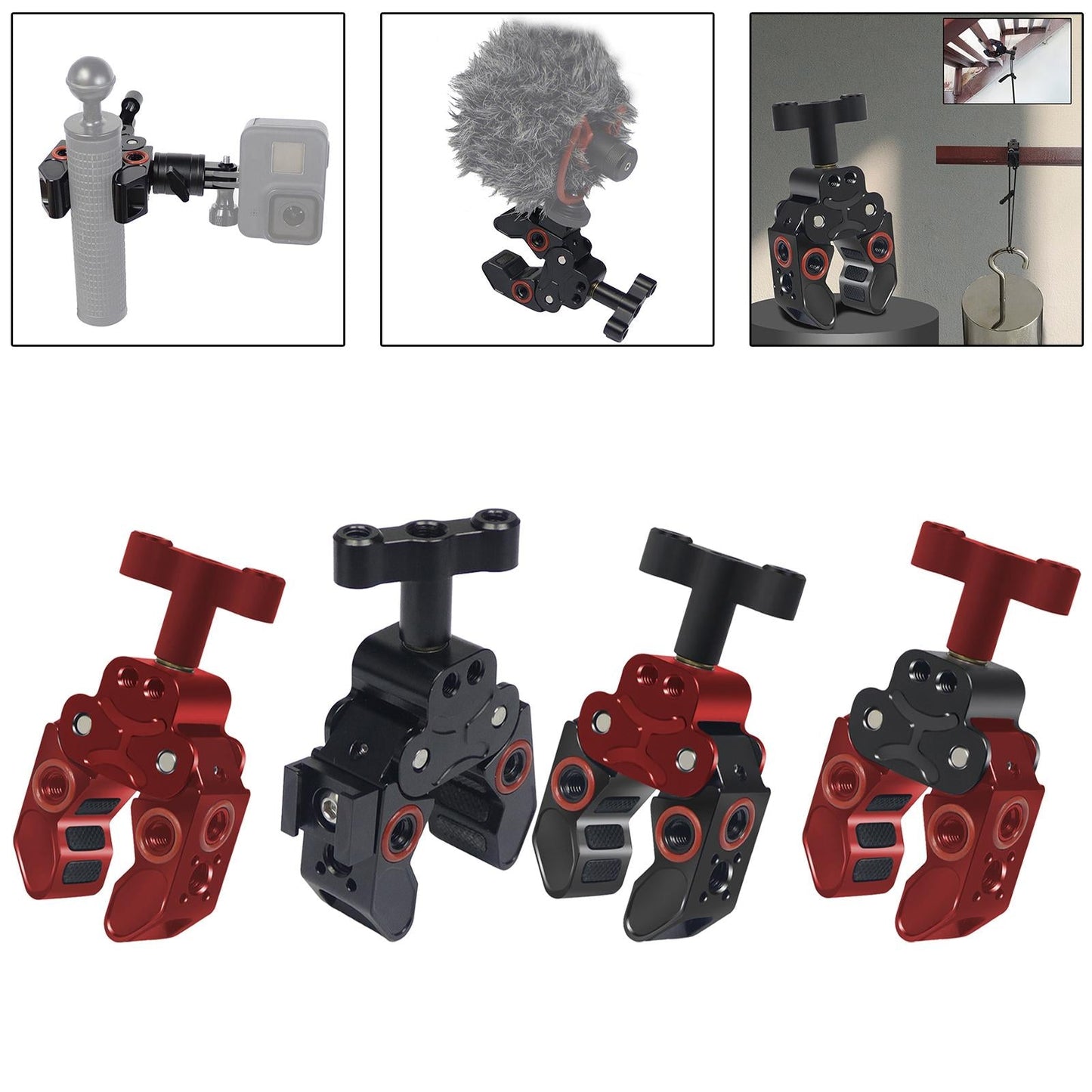 Claw Clamp with 1/4inch Thread Holes 3/8inch Locating Pin for Camera Tripod Red