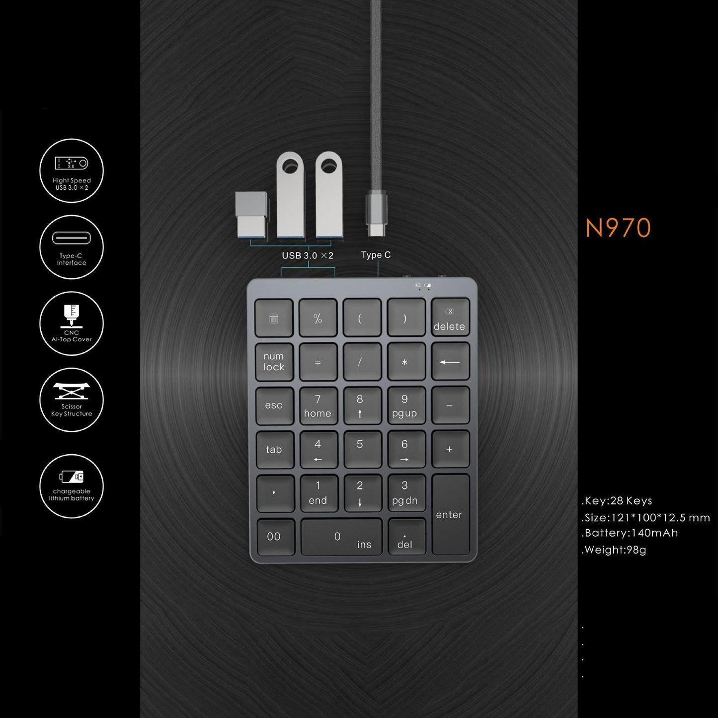 Numeric Keypad Rechargeable with USB Hub for Desktop Notebook Grey