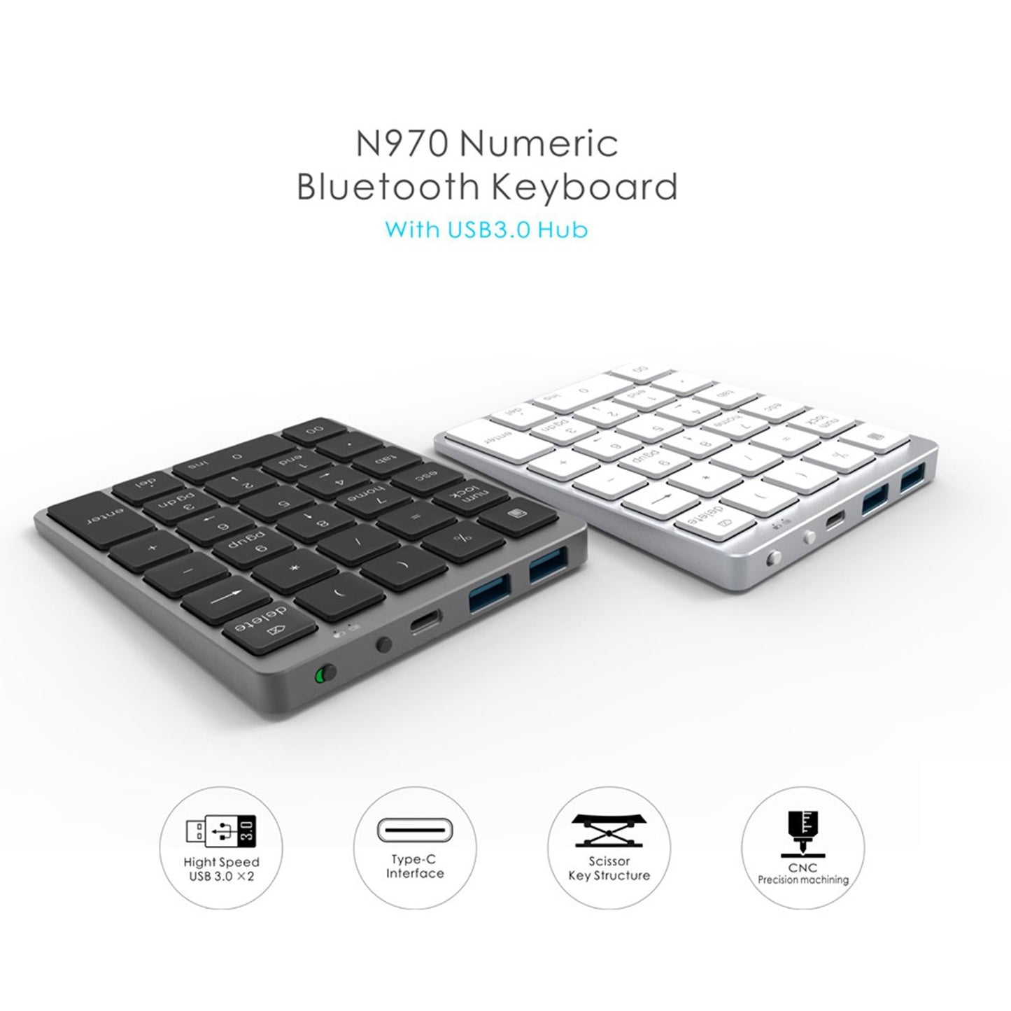 Numeric Keypad Rechargeable with USB Hub for Desktop Notebook Grey