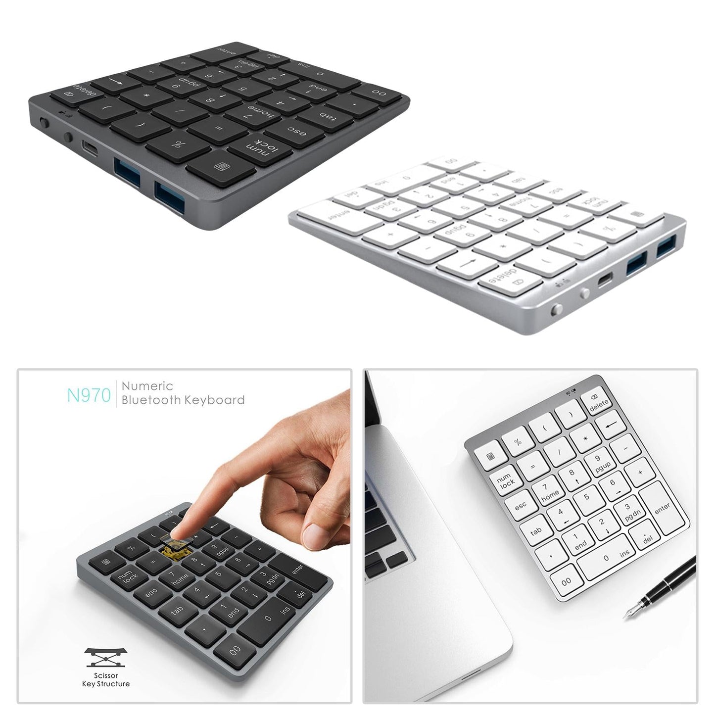 Numeric Keypad Rechargeable with USB Hub for Desktop Notebook Grey