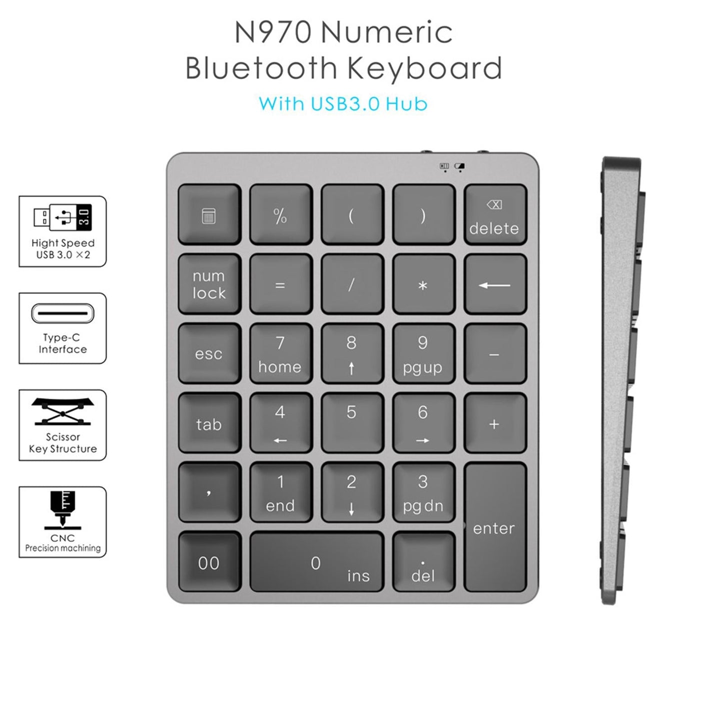 Numeric Keypad Rechargeable with USB Hub for Desktop Notebook Grey