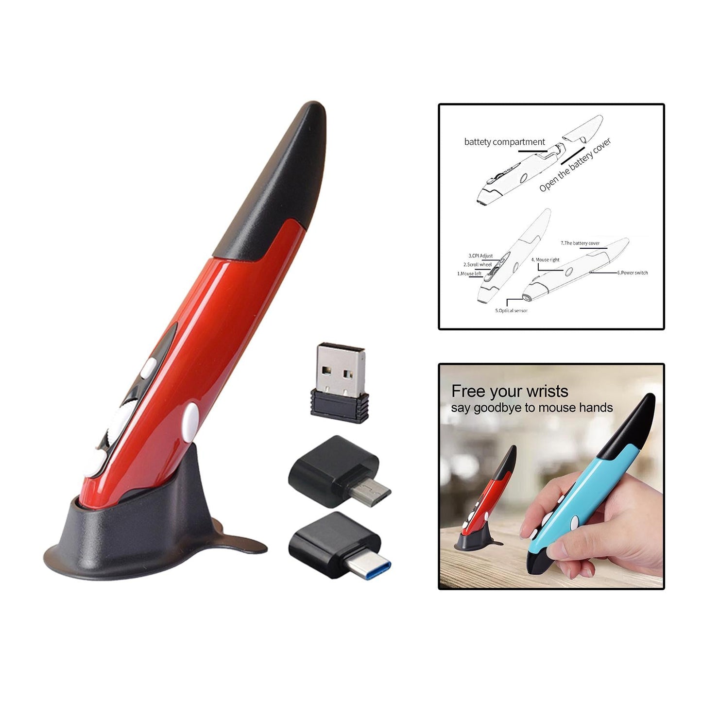 2.4G Wireless Mouse Pen Handwriting for Notebook Phone Laptop Red