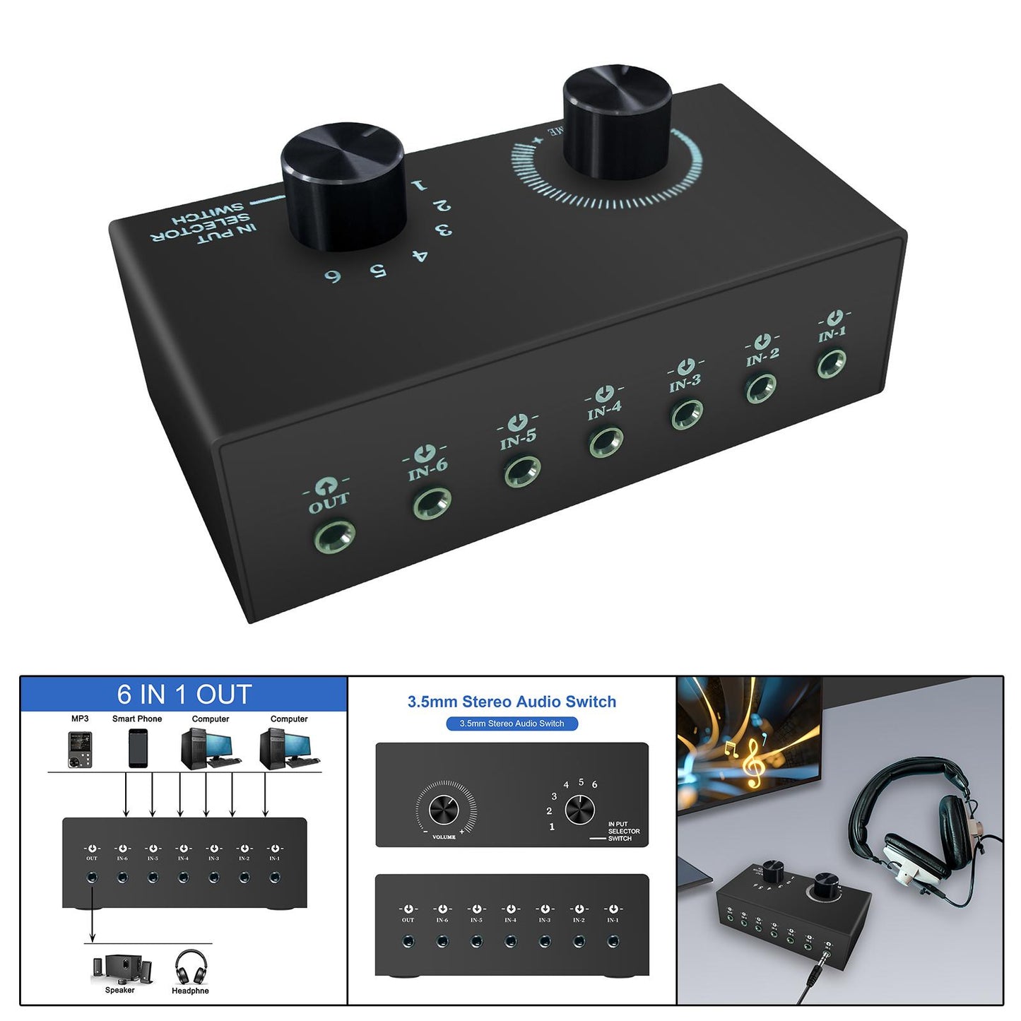 Audio Switch Audio Switcher Box 6 in 1 Out Portable Compact for Laptop Phone