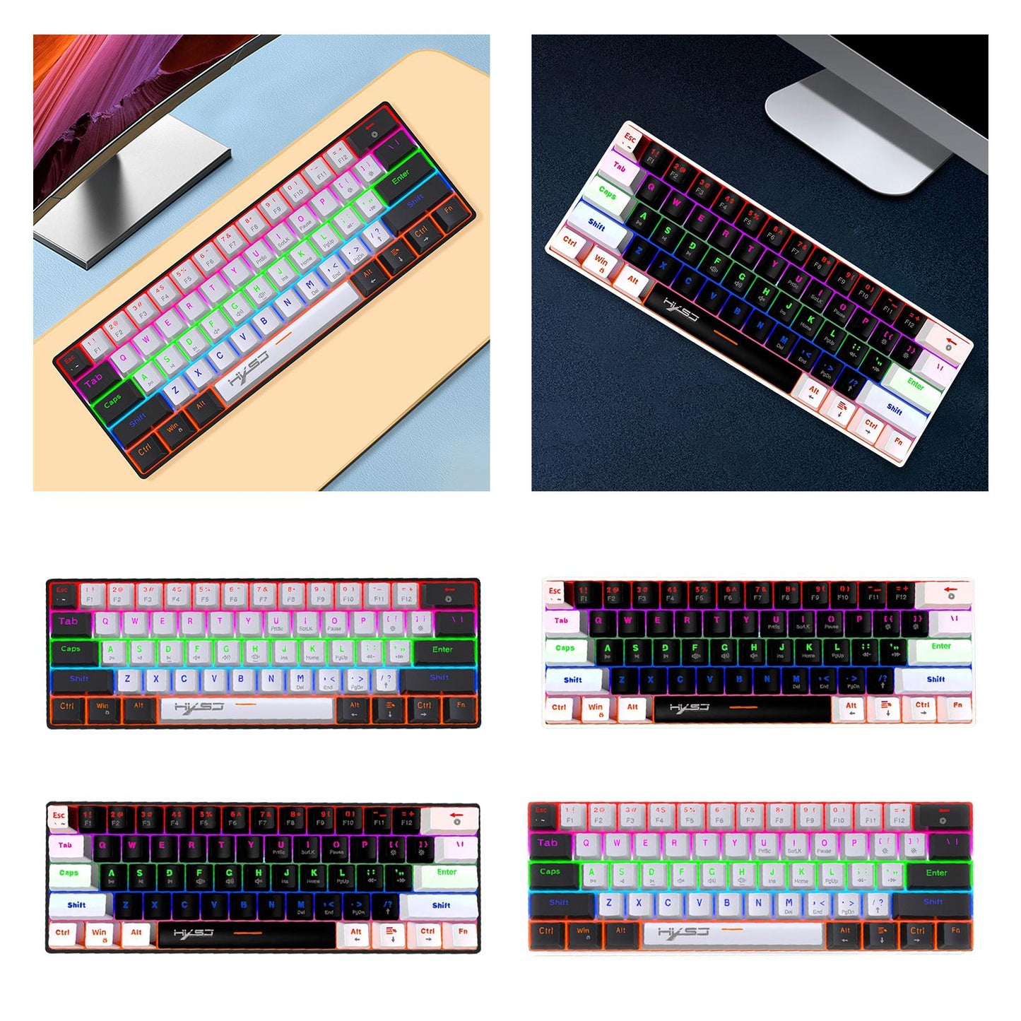 Mechanical Keyboard Mini 61 Keys Mechanical Axis Light Adjustment for Office Blackwhite blackcase