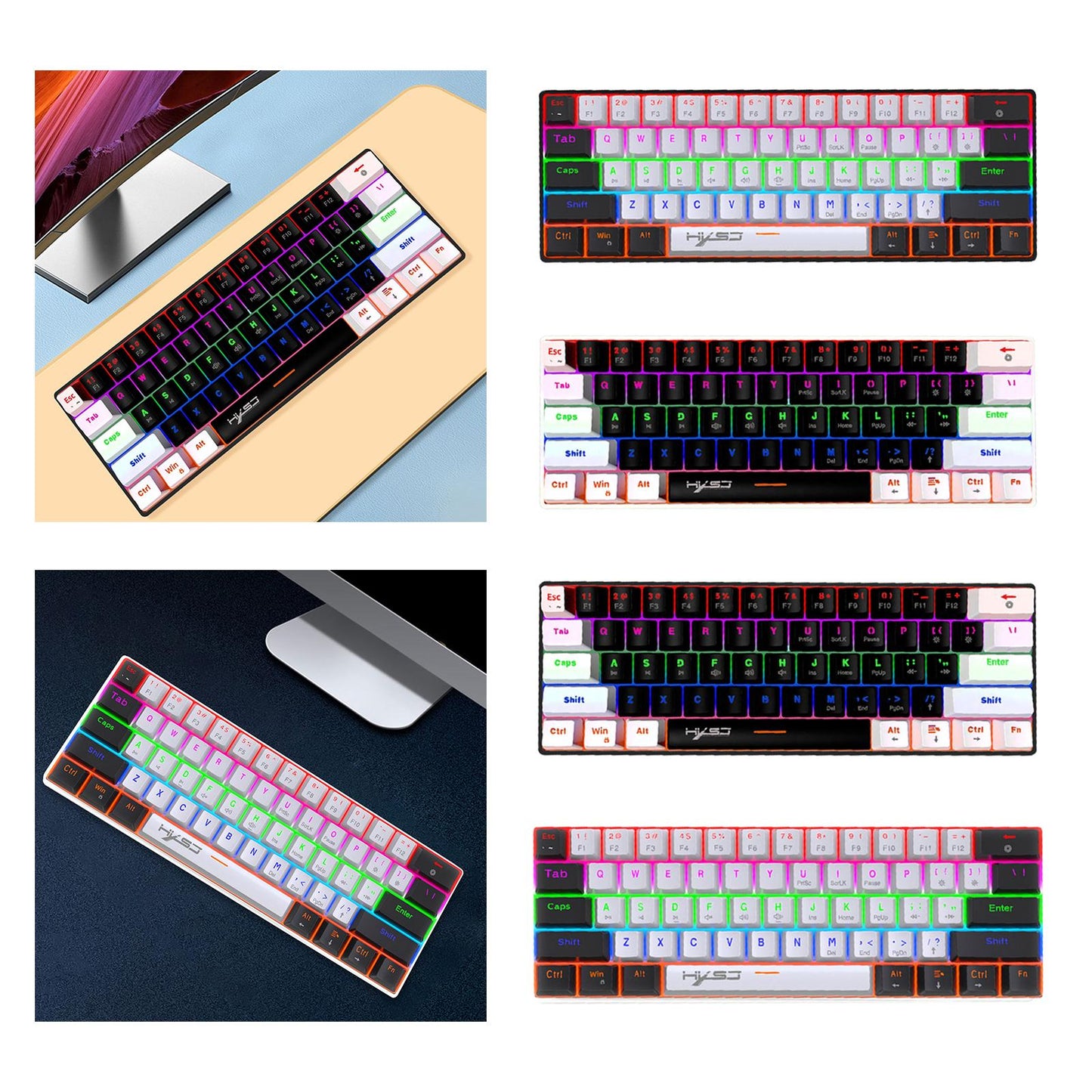 Mechanical Keyboard Mini 61 Keys Mechanical Axis Light Adjustment for Office Blackwhite blackcase