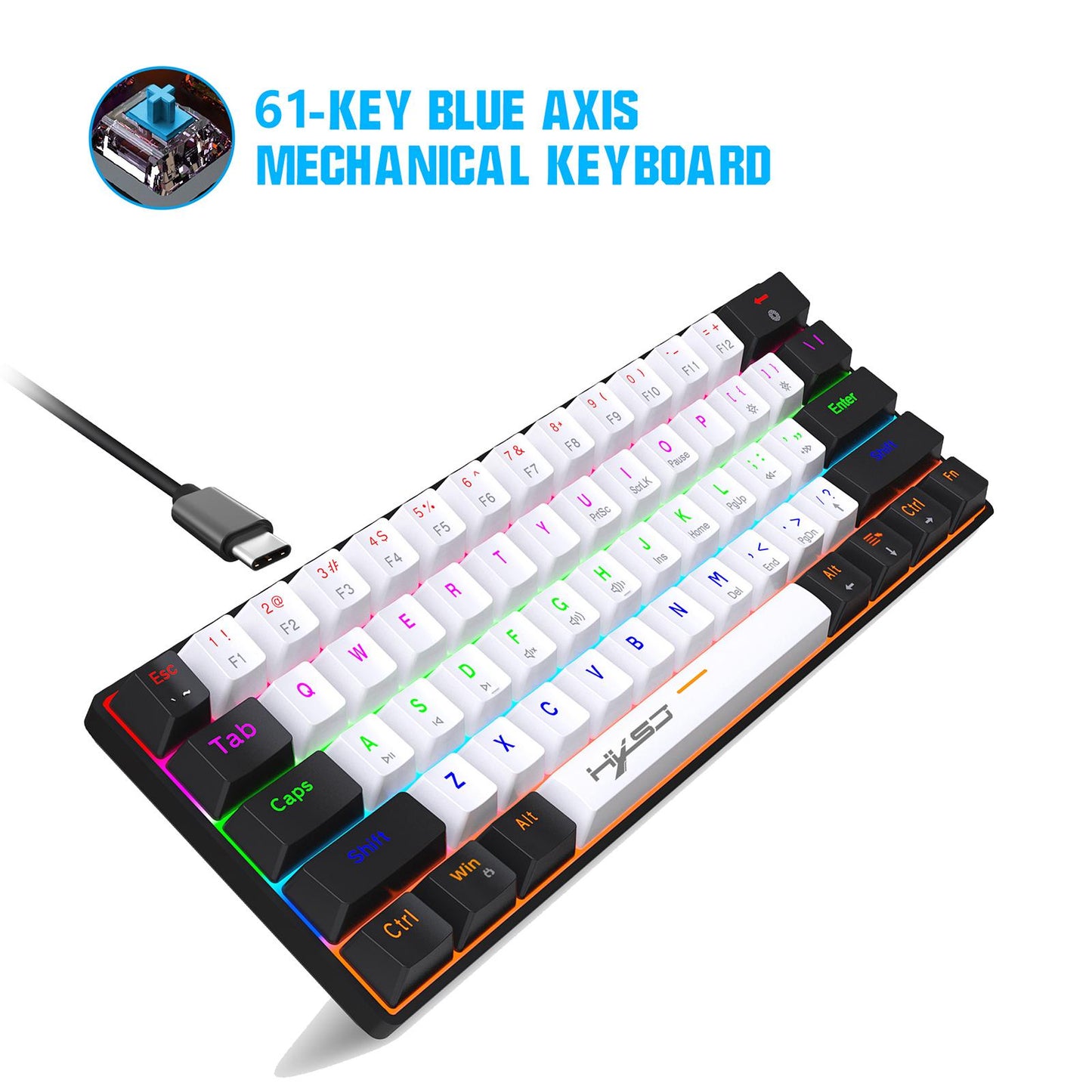 Mechanical Keyboard Mini 61 Keys Mechanical Axis Light Adjustment for Office Blackwhite blackcase