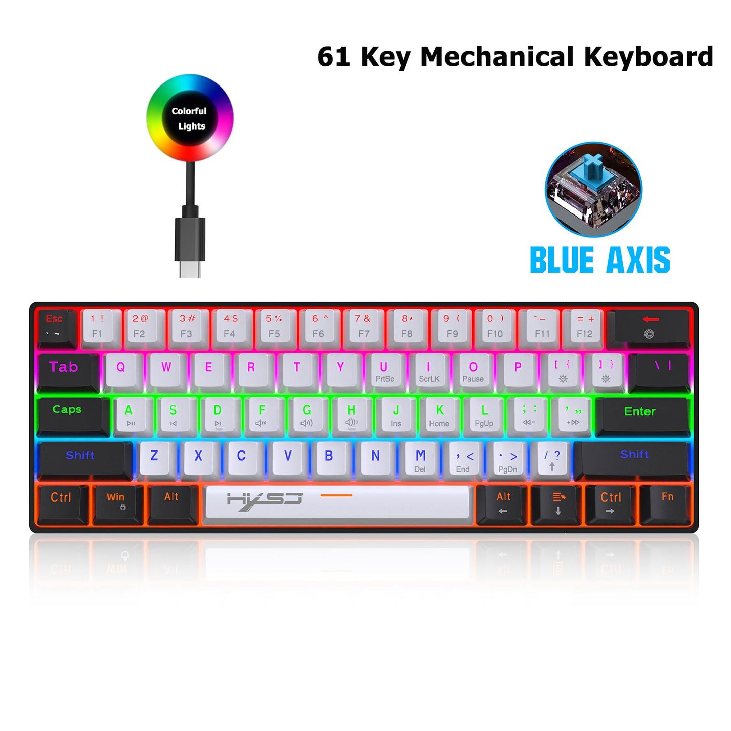 Mechanical Keyboard Mini 61 Keys Mechanical Axis Light Adjustment for Office Blackwhite blackcase