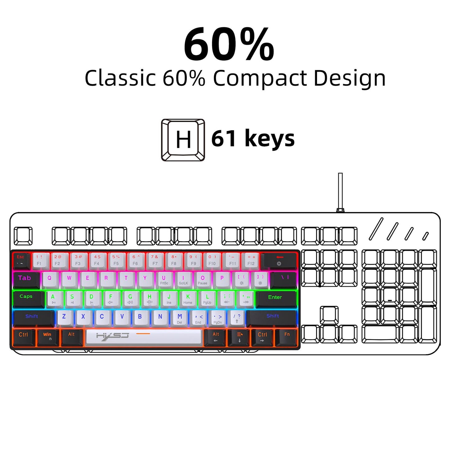 Mechanical Keyboard Mini 61 Keys Mechanical Axis Light Adjustment for Office Blackwhite blackcase